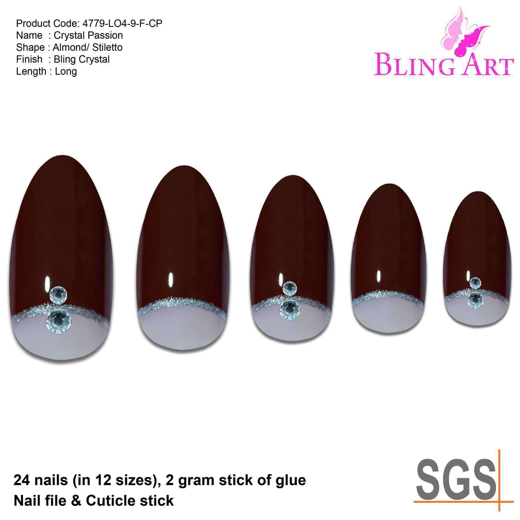 A set of Bling Art Red Brown Almond Stiletto Long Fake Acrylic Tips featuring elegant crystal details, including 24 nails in various sizes, glue, nail file, and cuticle stick.