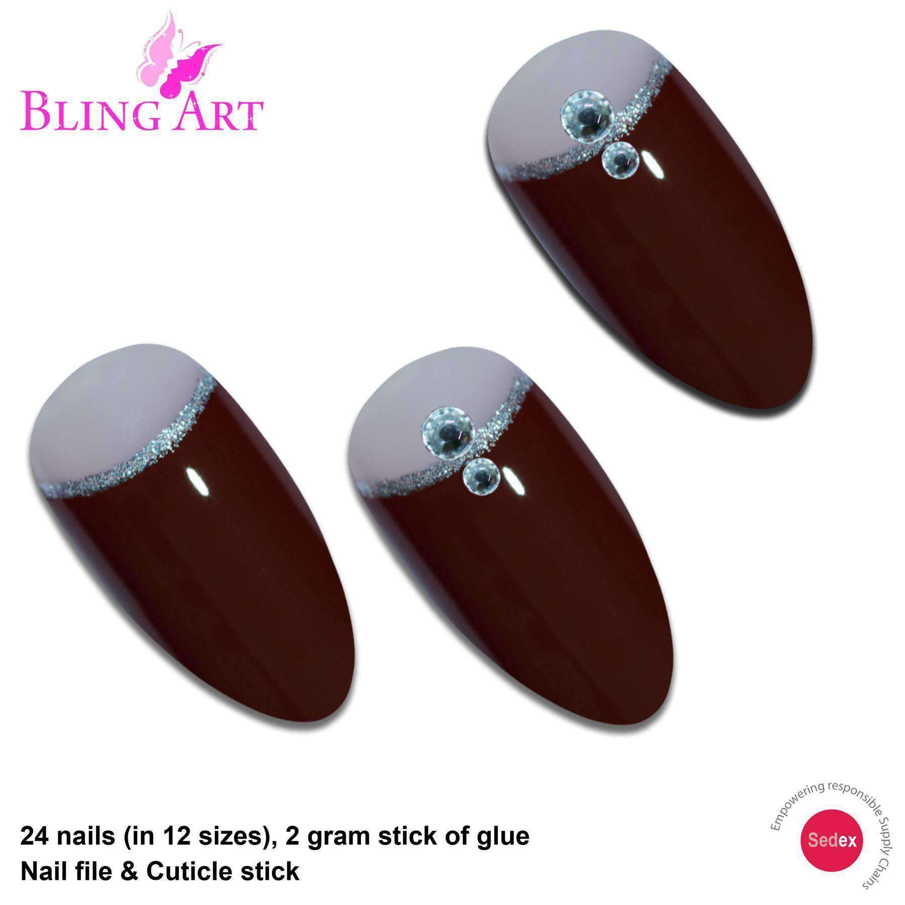 A set of Bling Art Red Brown Almond Stiletto Long Fake Acrylic Tips featuring elegant crystal details, including 24 nails in various sizes, glue, nail file, and cuticle stick.