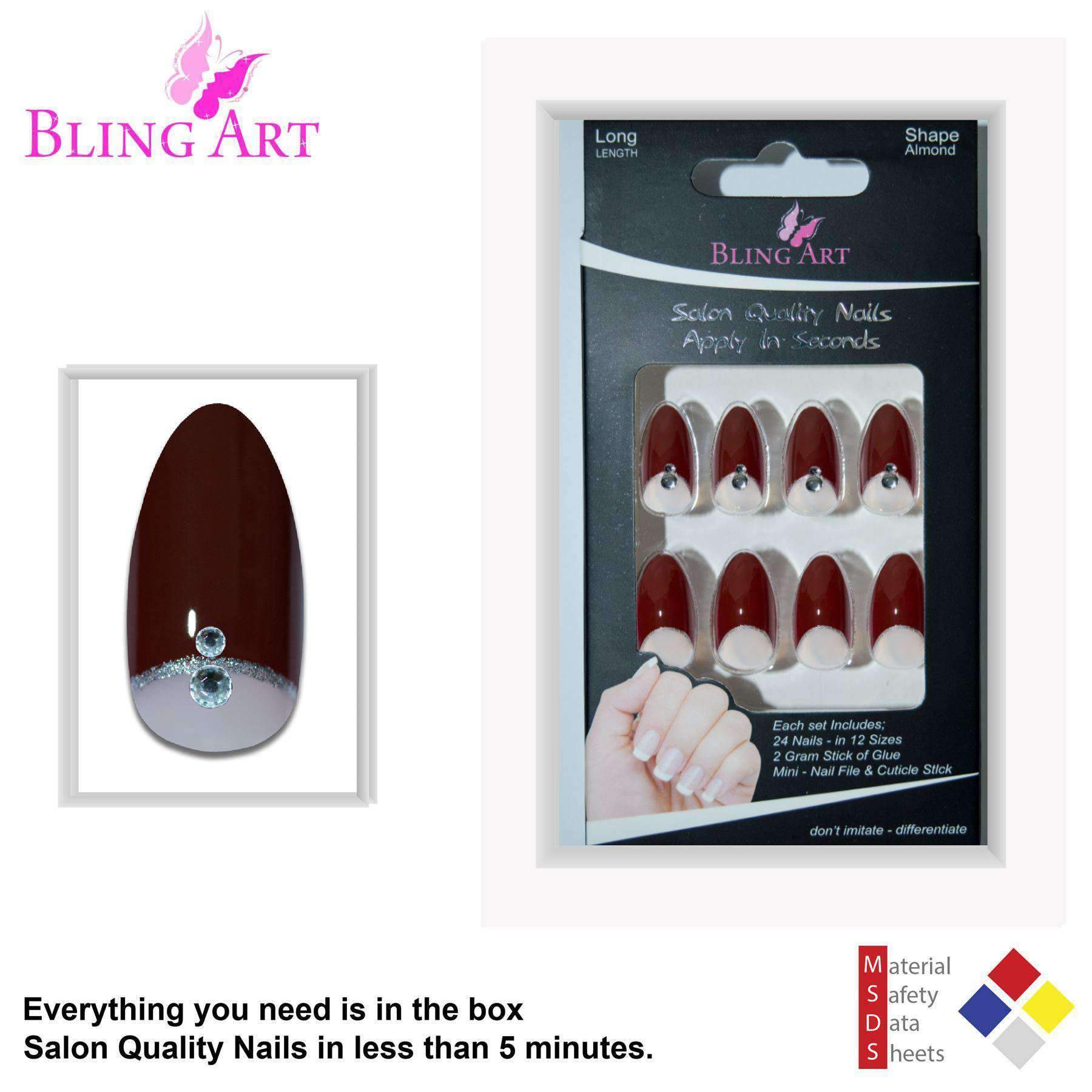 A set of Bling Art Red Brown Almond Stiletto Long Fake Acrylic Tips featuring elegant crystal details, including 24 nails in various sizes, glue, nail file, and cuticle stick.