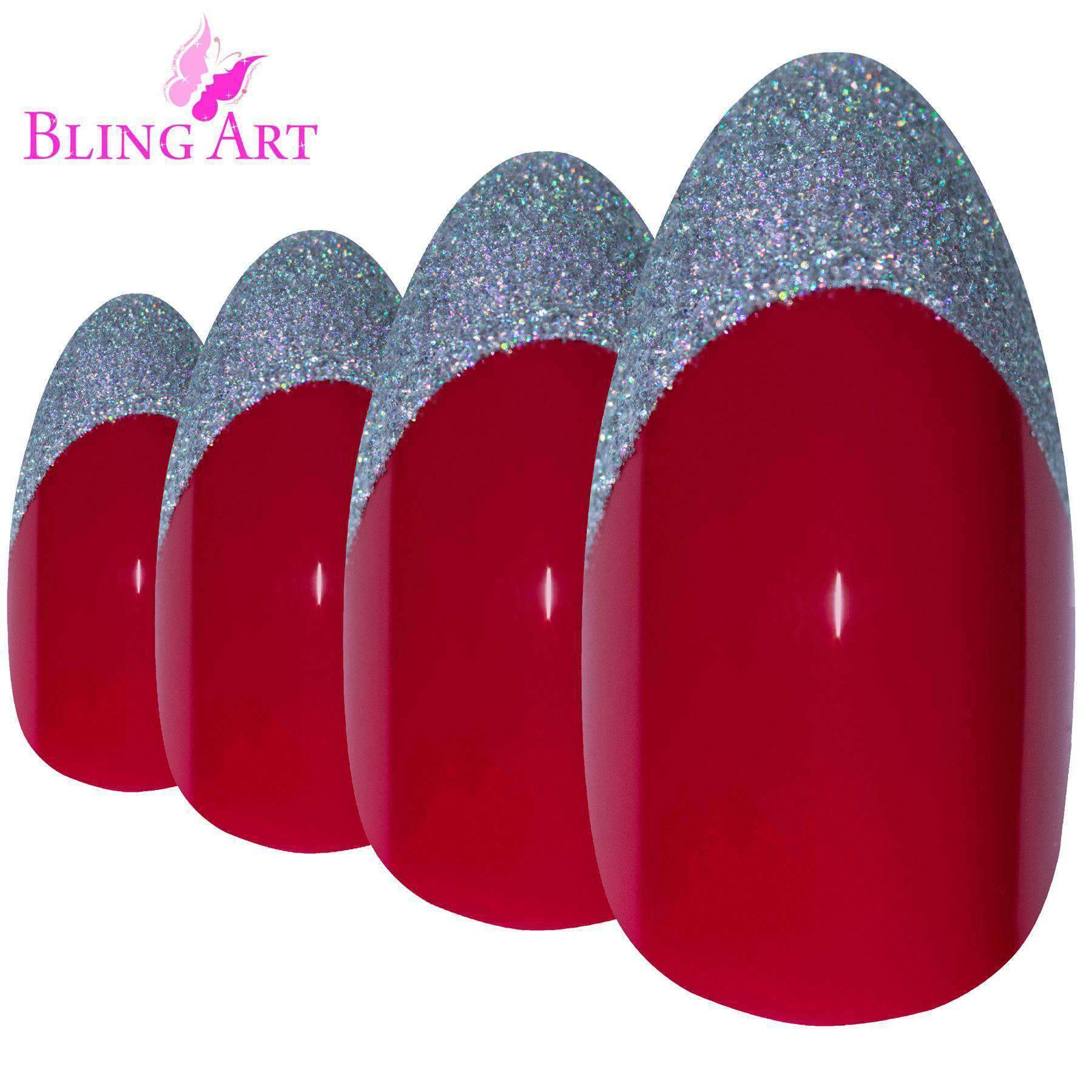 A set of Bling Art Red Silver Almond Stiletto Long Fake Acrylic Nails, featuring 24 nails in various sizes with a passionate red color and sparkling silver glitter tips.