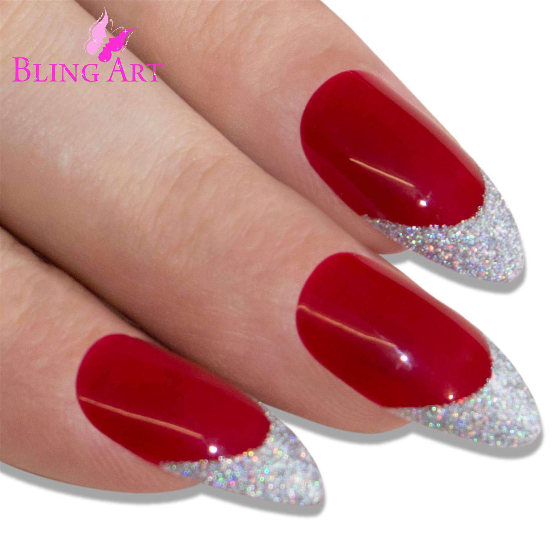 A set of Bling Art Red Silver Almond Stiletto Long Fake Acrylic Nails, featuring 24 nails in various sizes with a passionate red color and sparkling silver glitter tips.