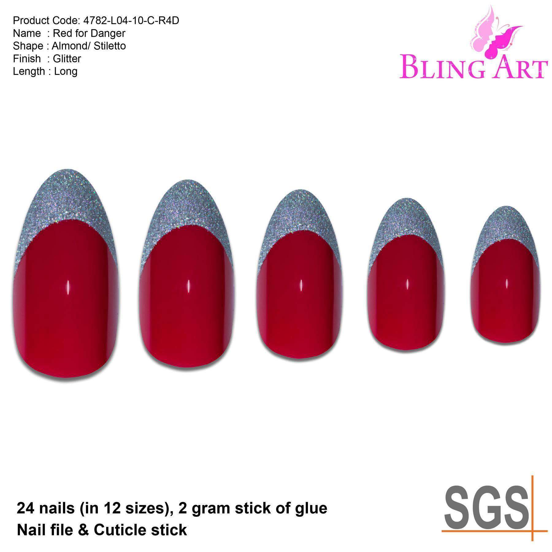 A set of Bling Art Red Silver Almond Stiletto Long Fake Acrylic Nails, featuring 24 nails in various sizes with a passionate red color and sparkling silver glitter tips.