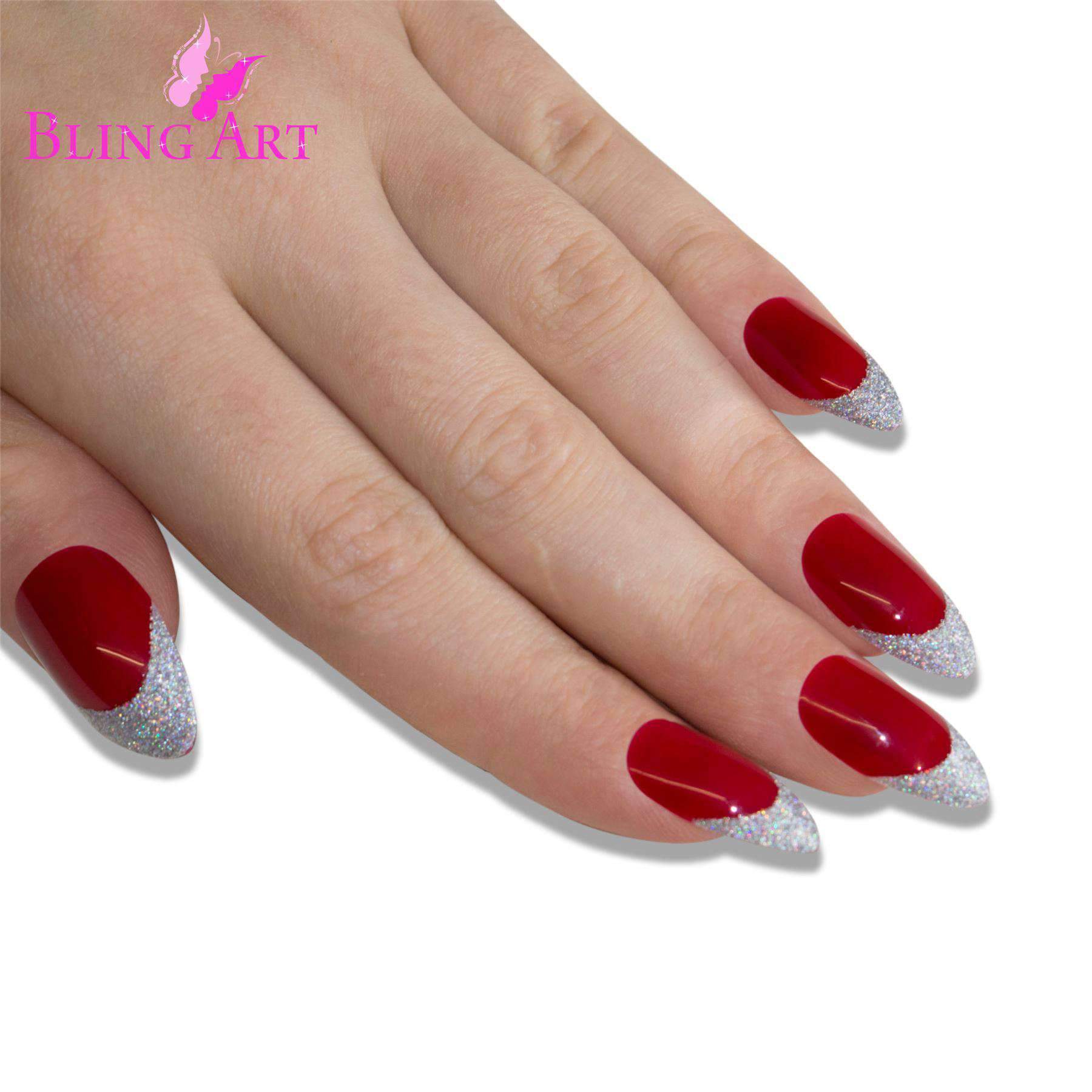 A set of Bling Art Red Silver Almond Stiletto Long Fake Acrylic Nails, featuring 24 nails in various sizes with a passionate red color and sparkling silver glitter tips.