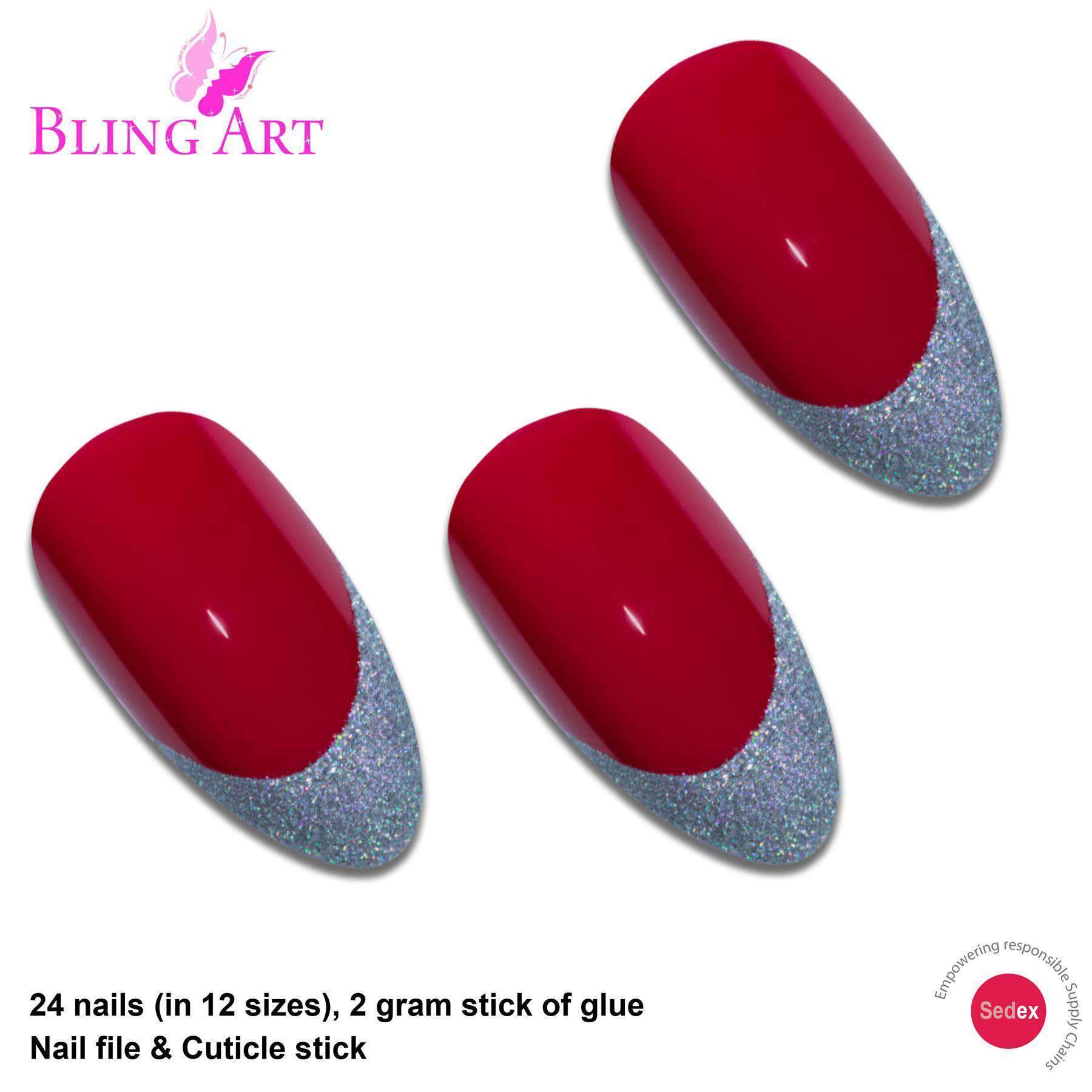 A set of Bling Art Red Silver Almond Stiletto Long Fake Acrylic Nails, featuring 24 nails in various sizes with a passionate red color and sparkling silver glitter tips.