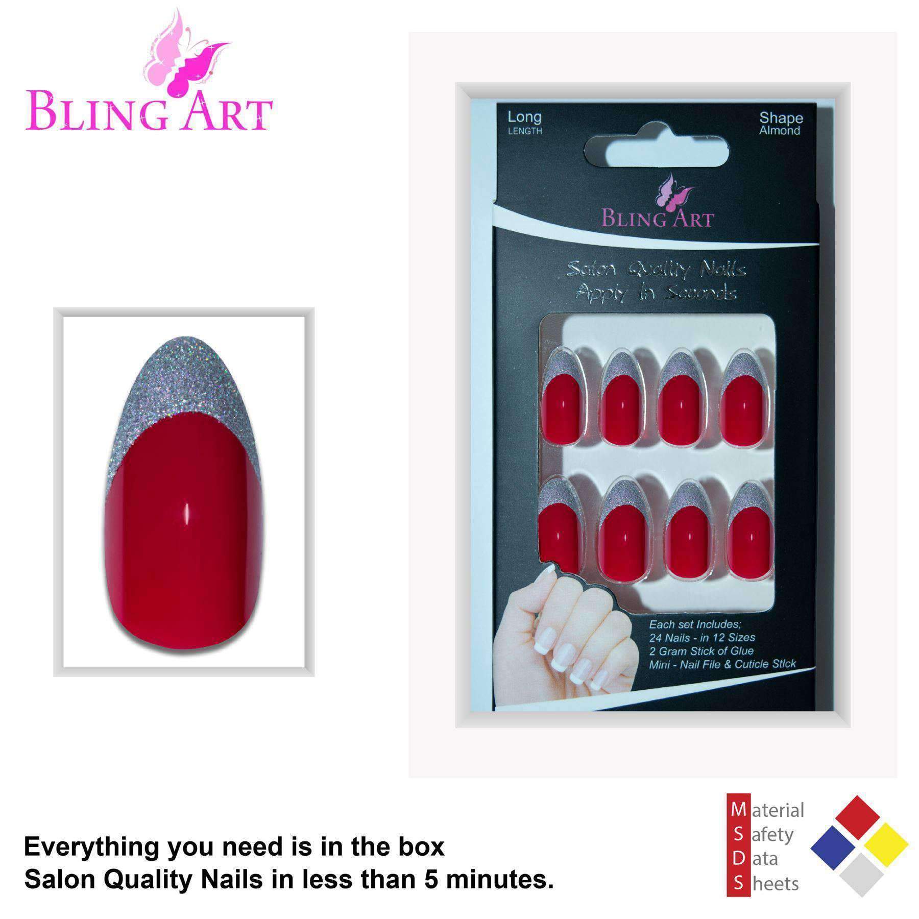 A set of Bling Art Red Silver Almond Stiletto Long Fake Acrylic Nails, featuring 24 nails in various sizes with a passionate red color and sparkling silver glitter tips.