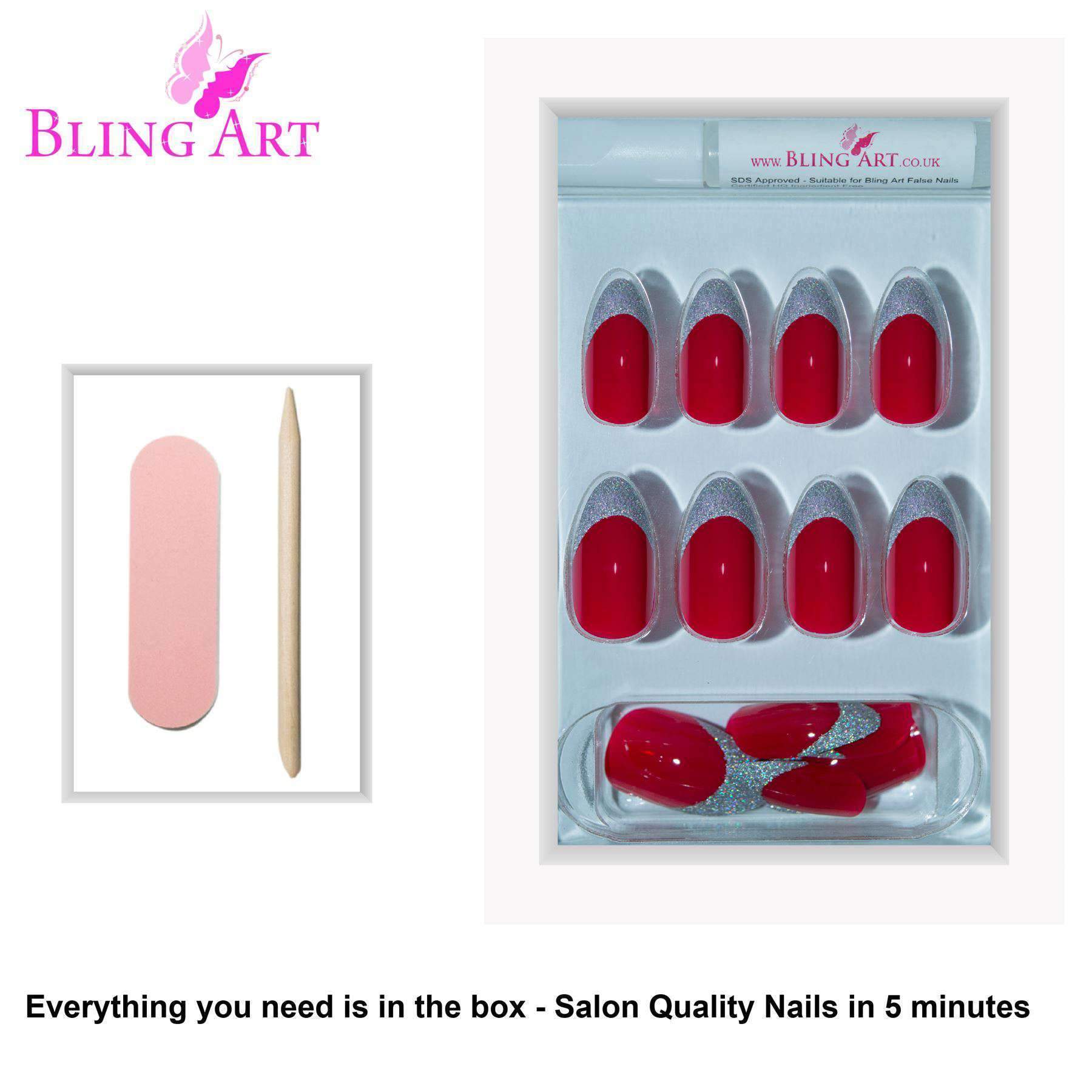 A set of Bling Art Red Silver Almond Stiletto Long Fake Acrylic Nails, featuring 24 nails in various sizes with a passionate red color and sparkling silver glitter tips.