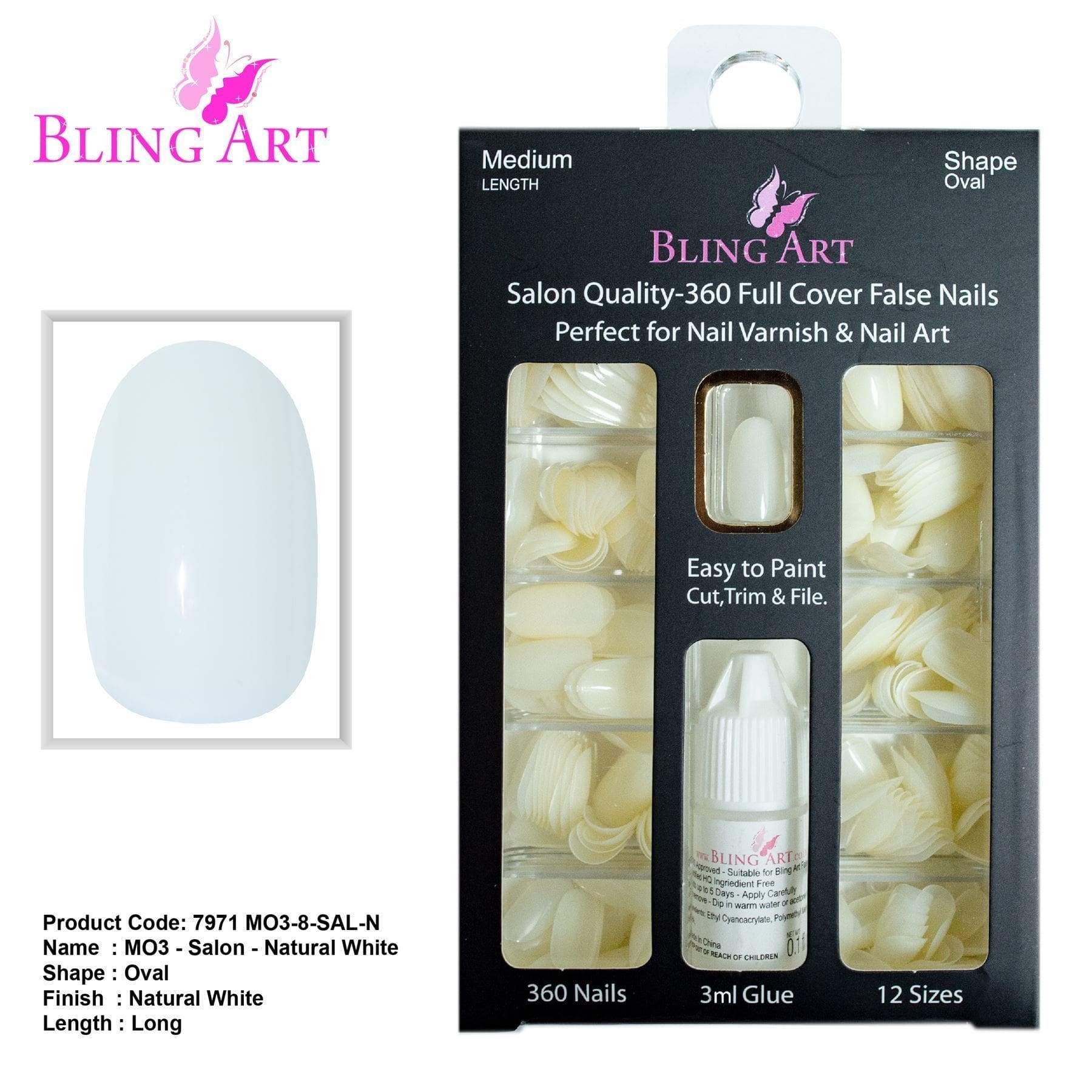 A set of Bling Art 360 Oval Medium Natural Acrylic Fake Nails in various sizes, showcasing their elegant oval shape and transparent finish, perfect for custom designs.