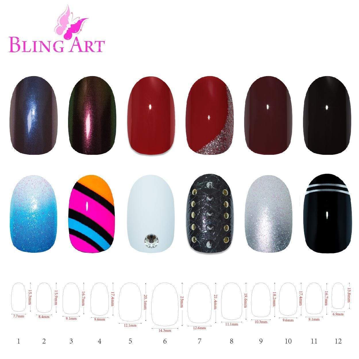 A set of Bling Art 360 Oval Medium Natural Acrylic Fake Nails in various sizes, showcasing their elegant oval shape and transparent finish, perfect for custom designs.