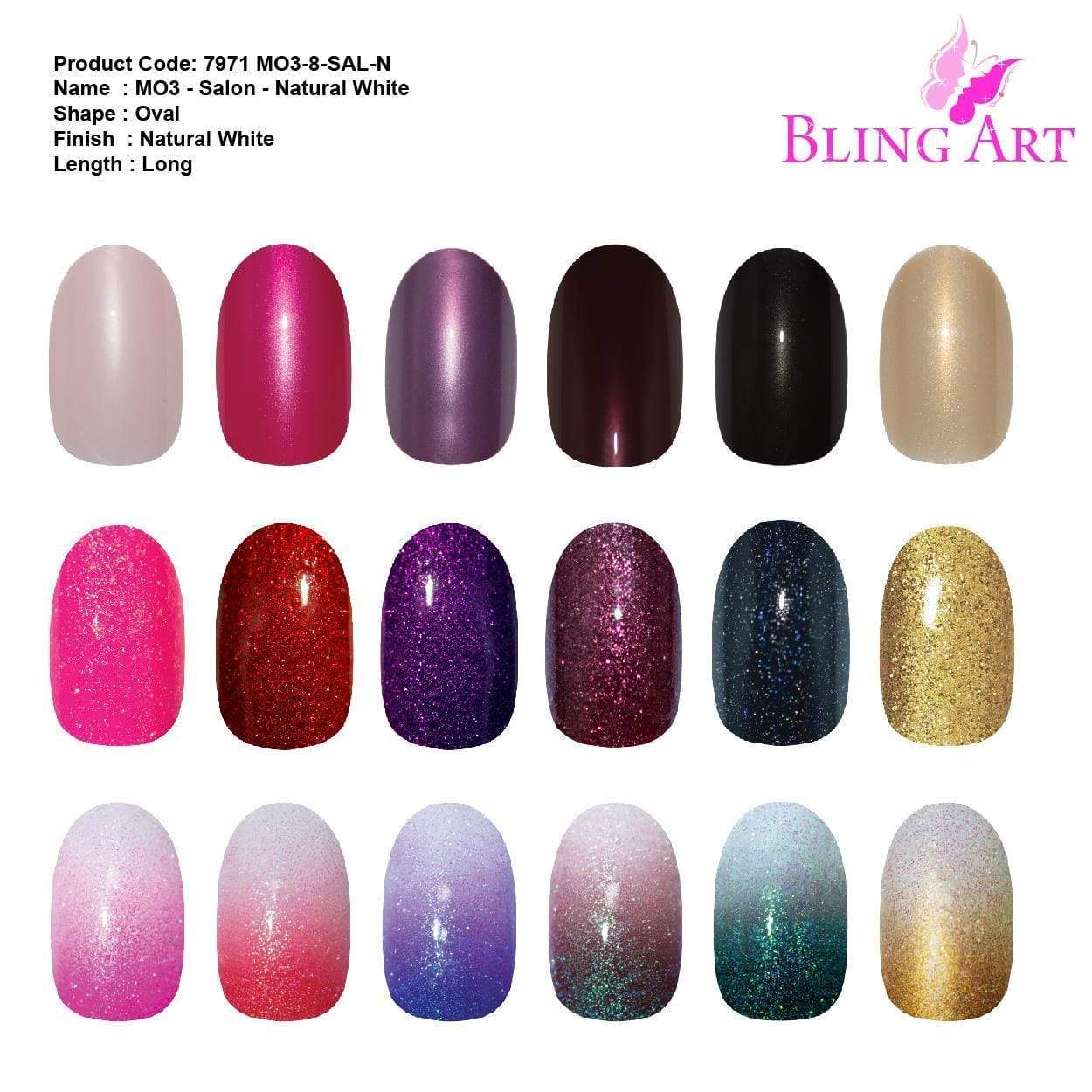 A set of Bling Art 360 Oval Medium Natural Acrylic Fake Nails in various sizes, showcasing their elegant oval shape and transparent finish, perfect for custom designs.