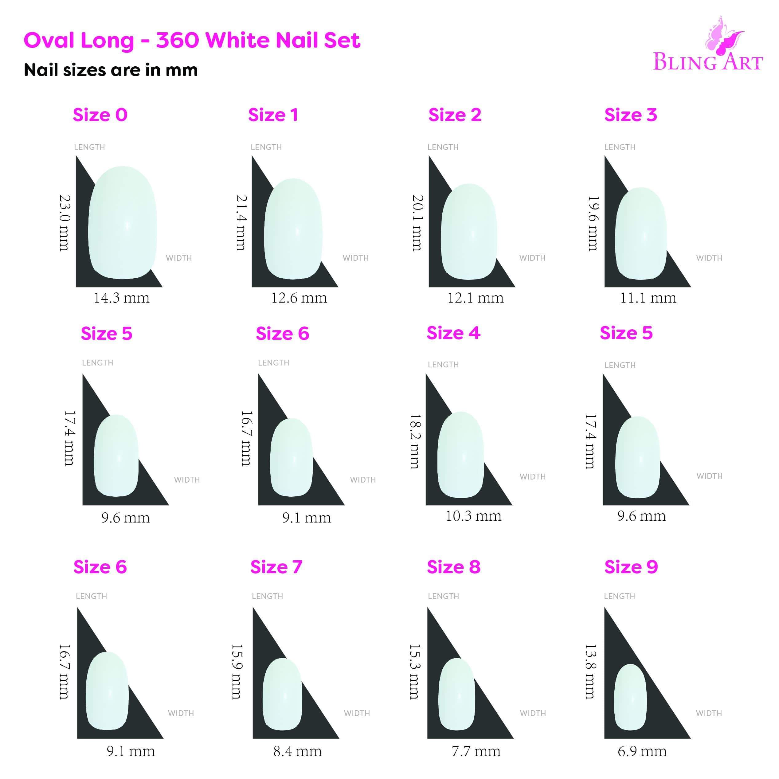 A set of Bling Art 360 Oval Medium Natural Acrylic Fake Nails in various sizes, showcasing their elegant oval shape and transparent finish, perfect for custom designs.