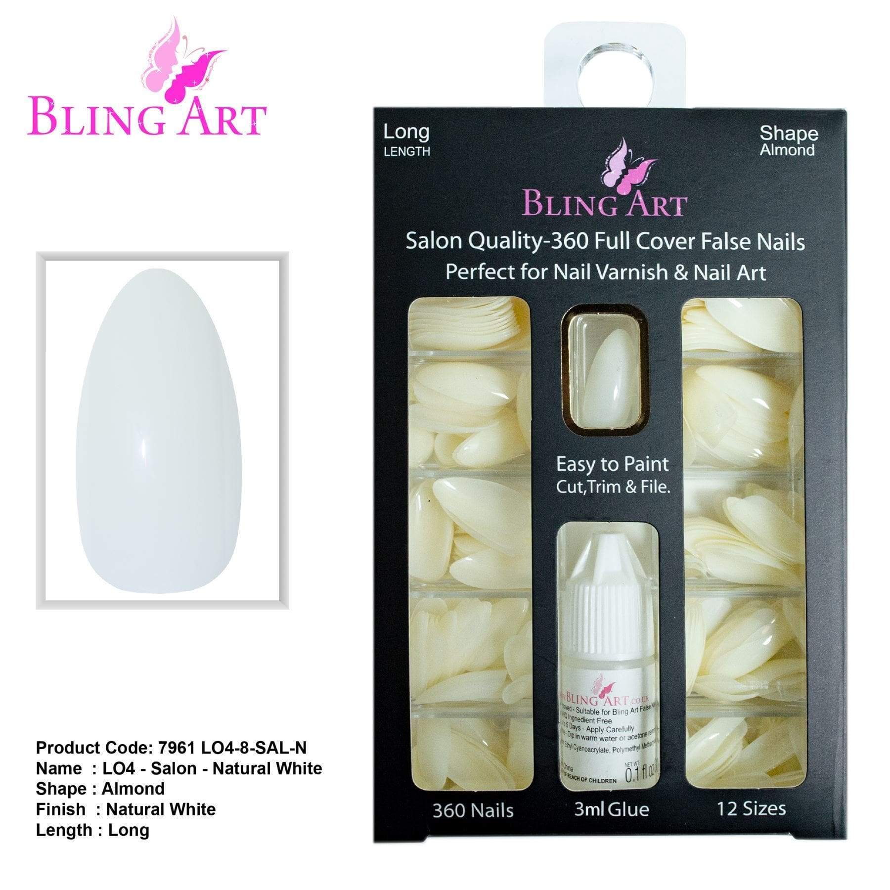 Bling Art 360 Stiletto Almond Long Natural Acrylic Fake Nails displayed in an elegant arrangement, showcasing their pointed almond shape and variety of sizes.