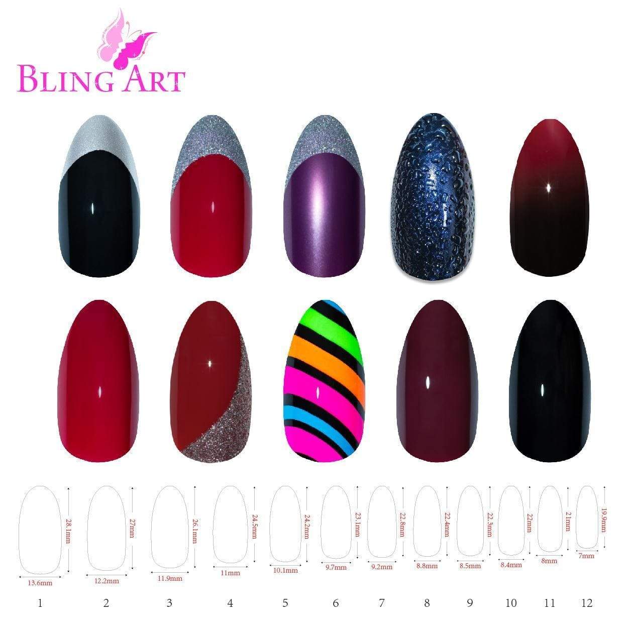 Bling Art 360 Stiletto Almond Long Natural Acrylic Fake Nails displayed in an elegant arrangement, showcasing their pointed almond shape and variety of sizes.