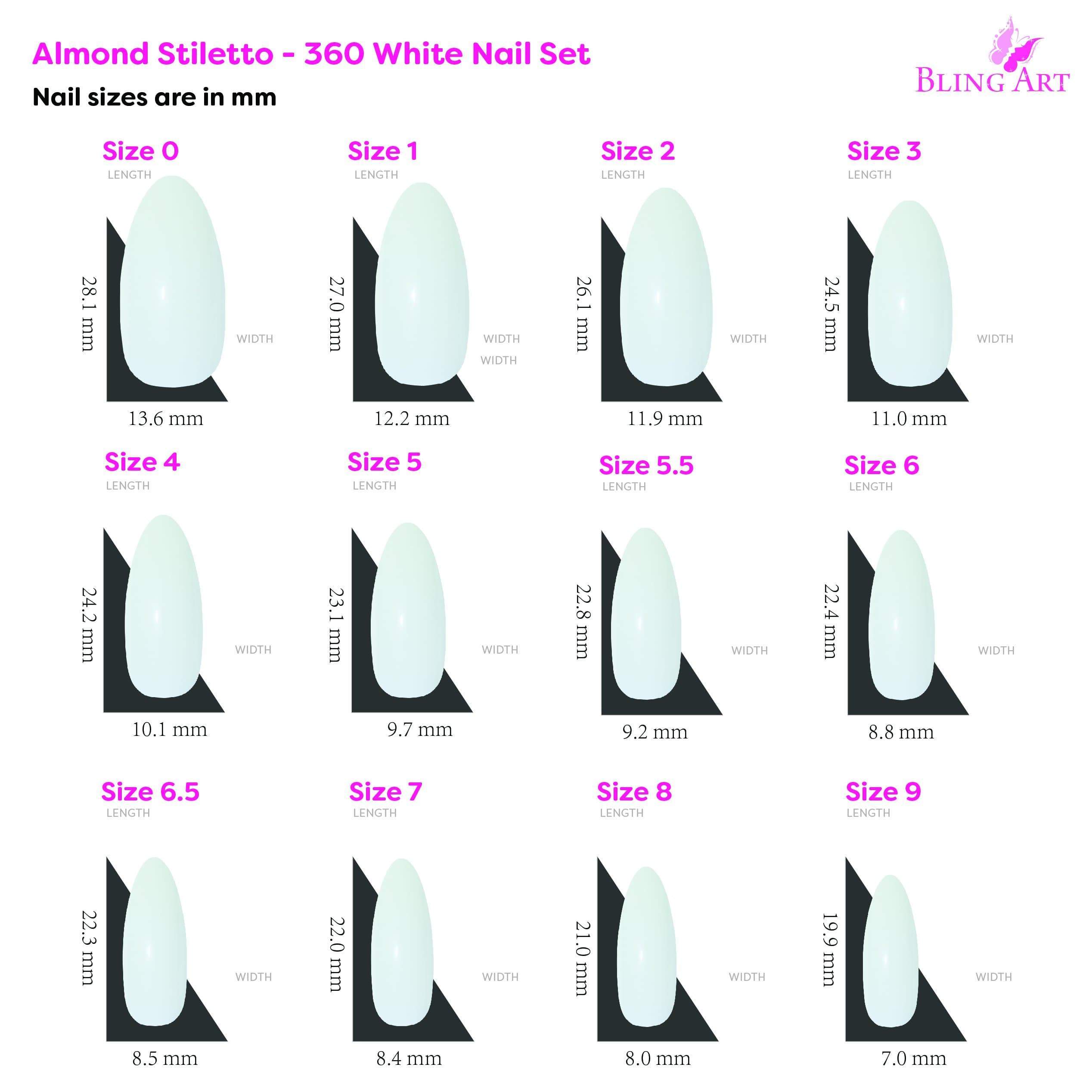 Bling Art 360 Stiletto Almond Long Natural Acrylic Fake Nails displayed in an elegant arrangement, showcasing their pointed almond shape and variety of sizes.