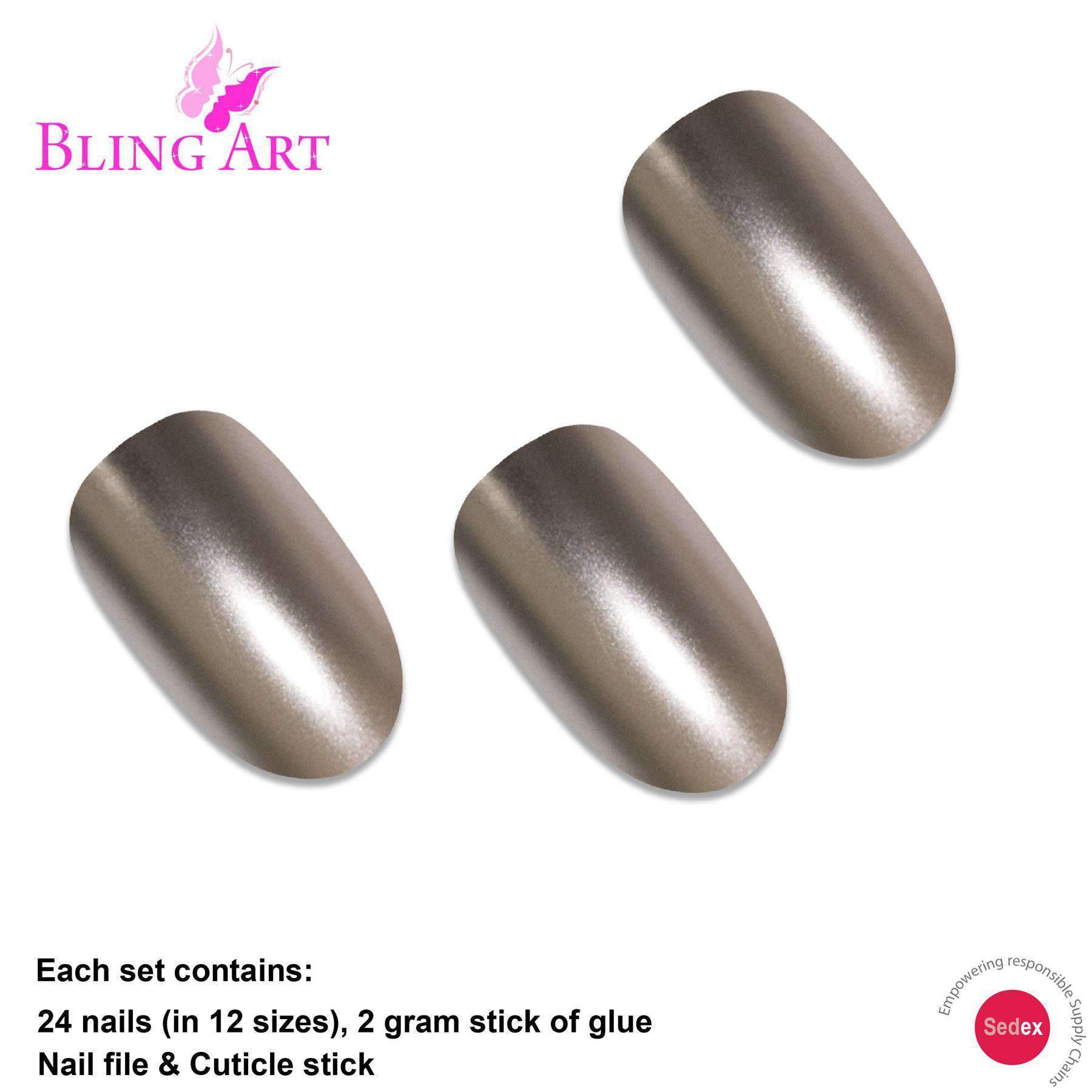 Bling Art Beige Matte Metallic Oval Medium Fake Acrylic Nails set with 24 nail tips, glue, nail file, and cuticle stick, showcasing a chic and stylish design.