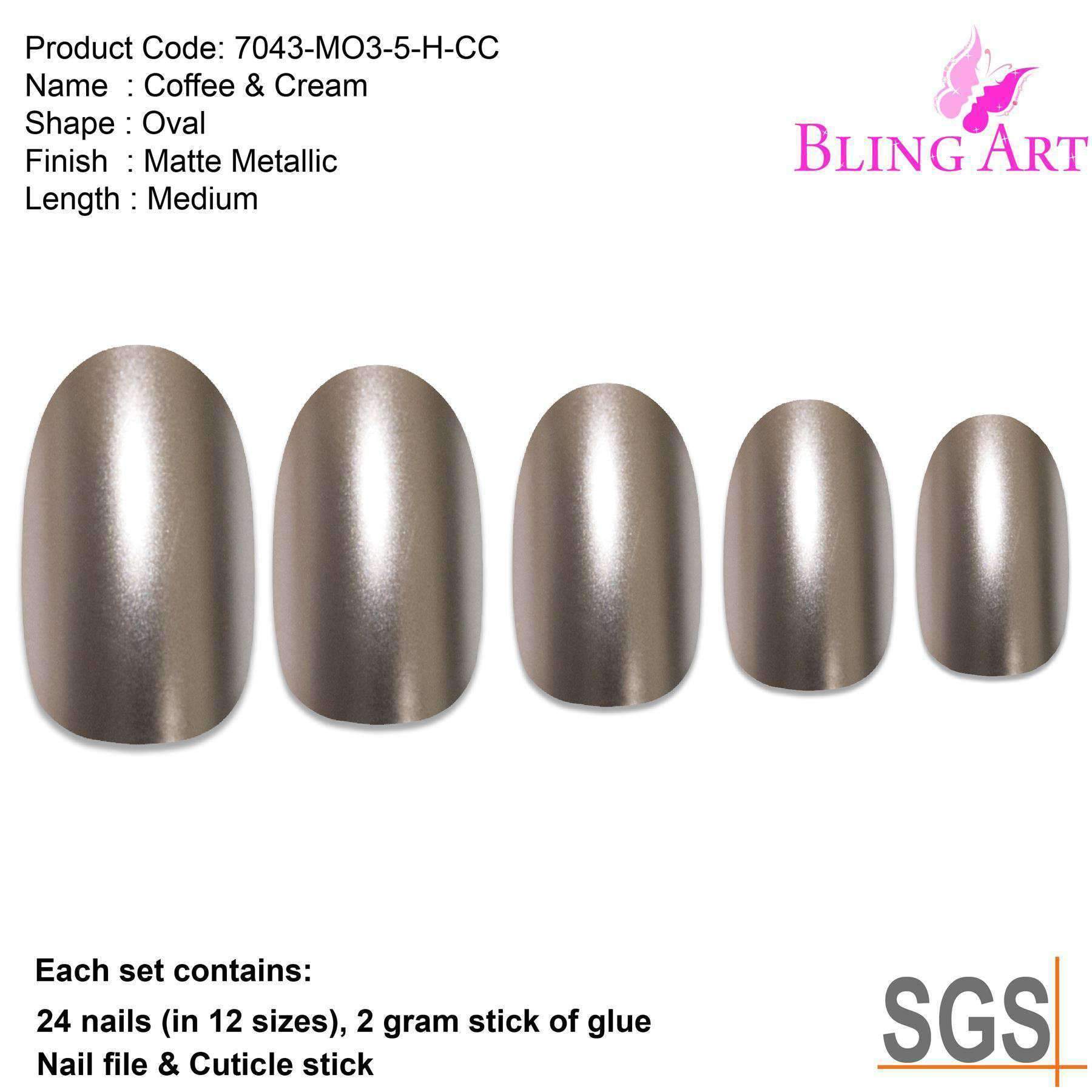 Bling Art Beige Matte Metallic Oval Medium Fake Acrylic Nails set with 24 nail tips, glue, nail file, and cuticle stick, showcasing a chic and stylish design.