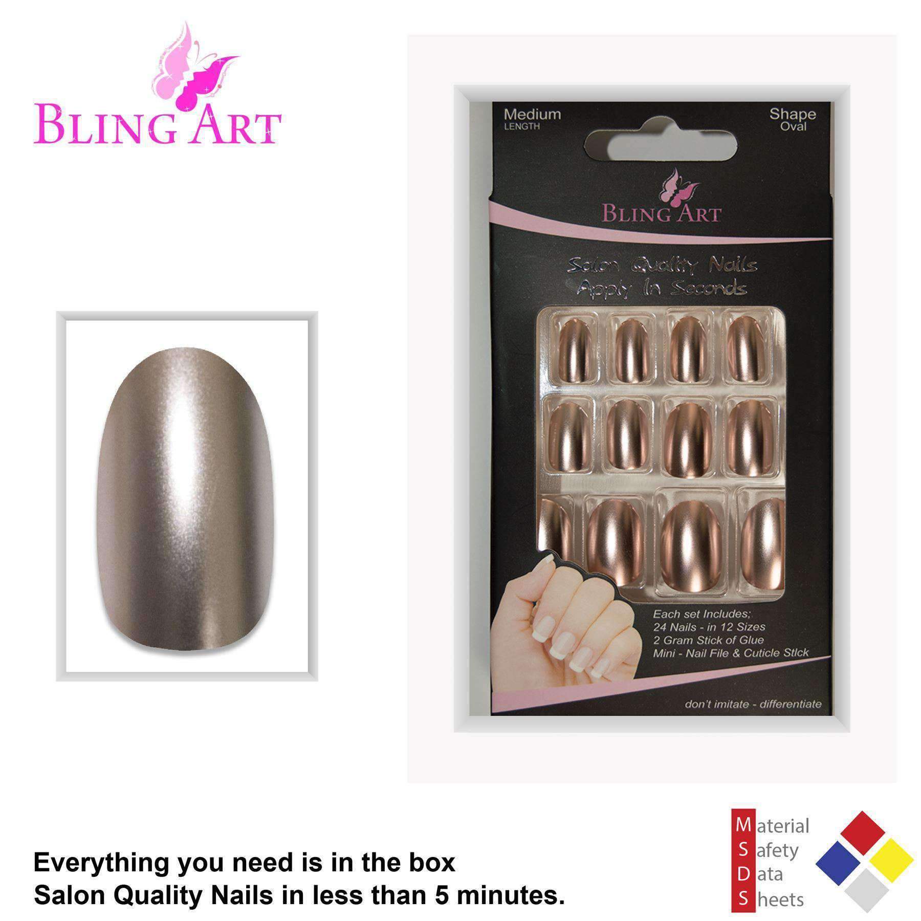 Bling Art Beige Matte Metallic Oval Medium Fake Acrylic Nails set with 24 nail tips, glue, nail file, and cuticle stick, showcasing a chic and stylish design.