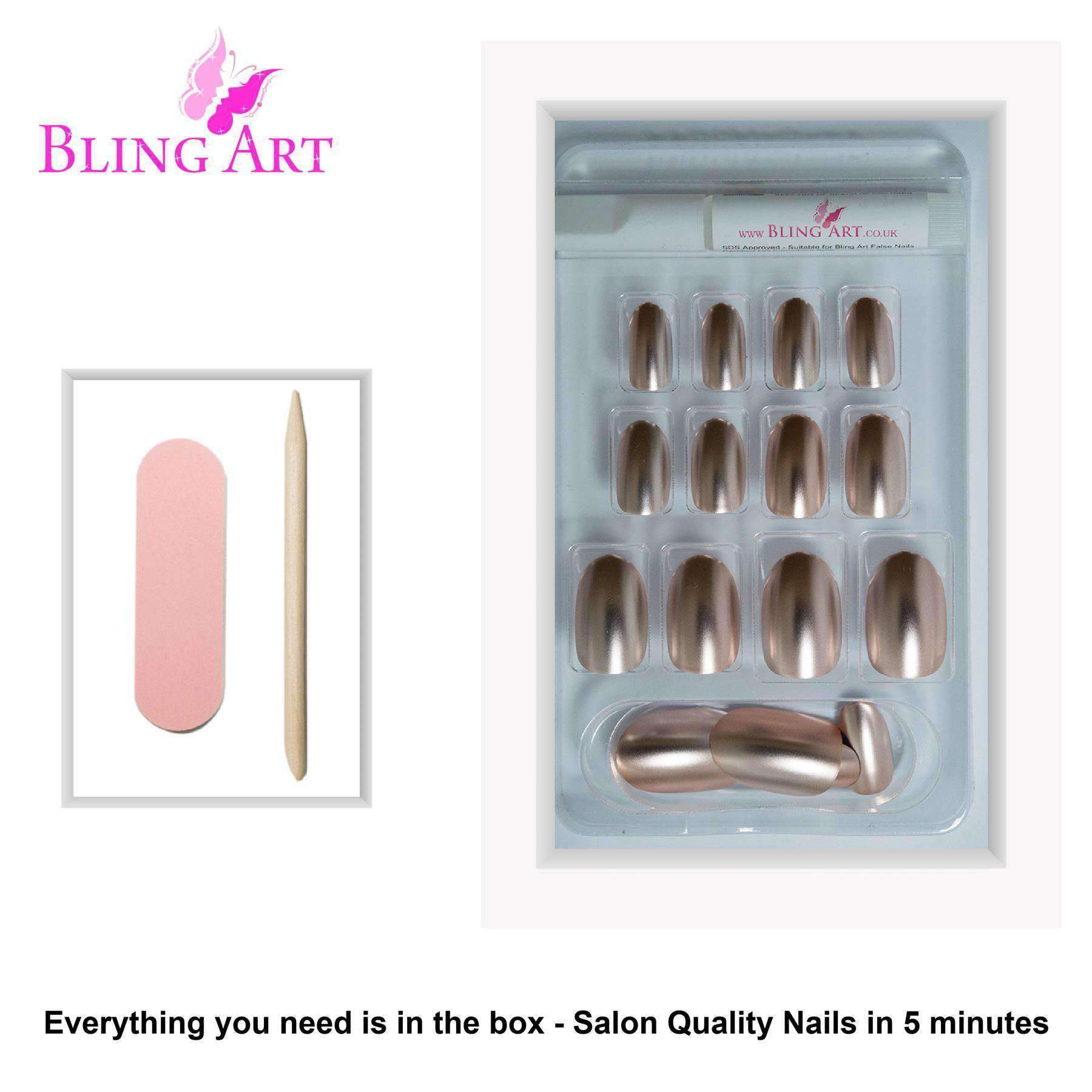 Bling Art Beige Matte Metallic Oval Medium Fake Acrylic Nails set with 24 nail tips, glue, nail file, and cuticle stick, showcasing a chic and stylish design.