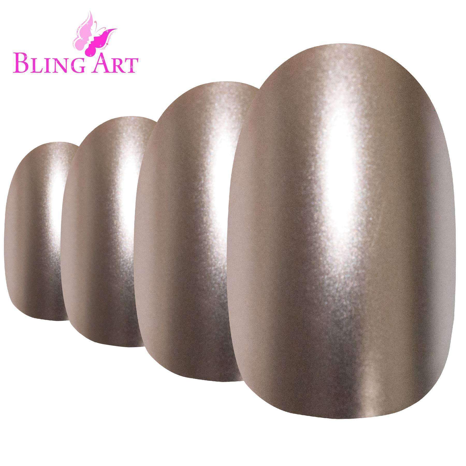 Bling Art Beige Matte Metallic Oval Medium Fake Acrylic Nails set with 24 nail tips, glue, nail file, and cuticle stick, showcasing a chic and stylish design.