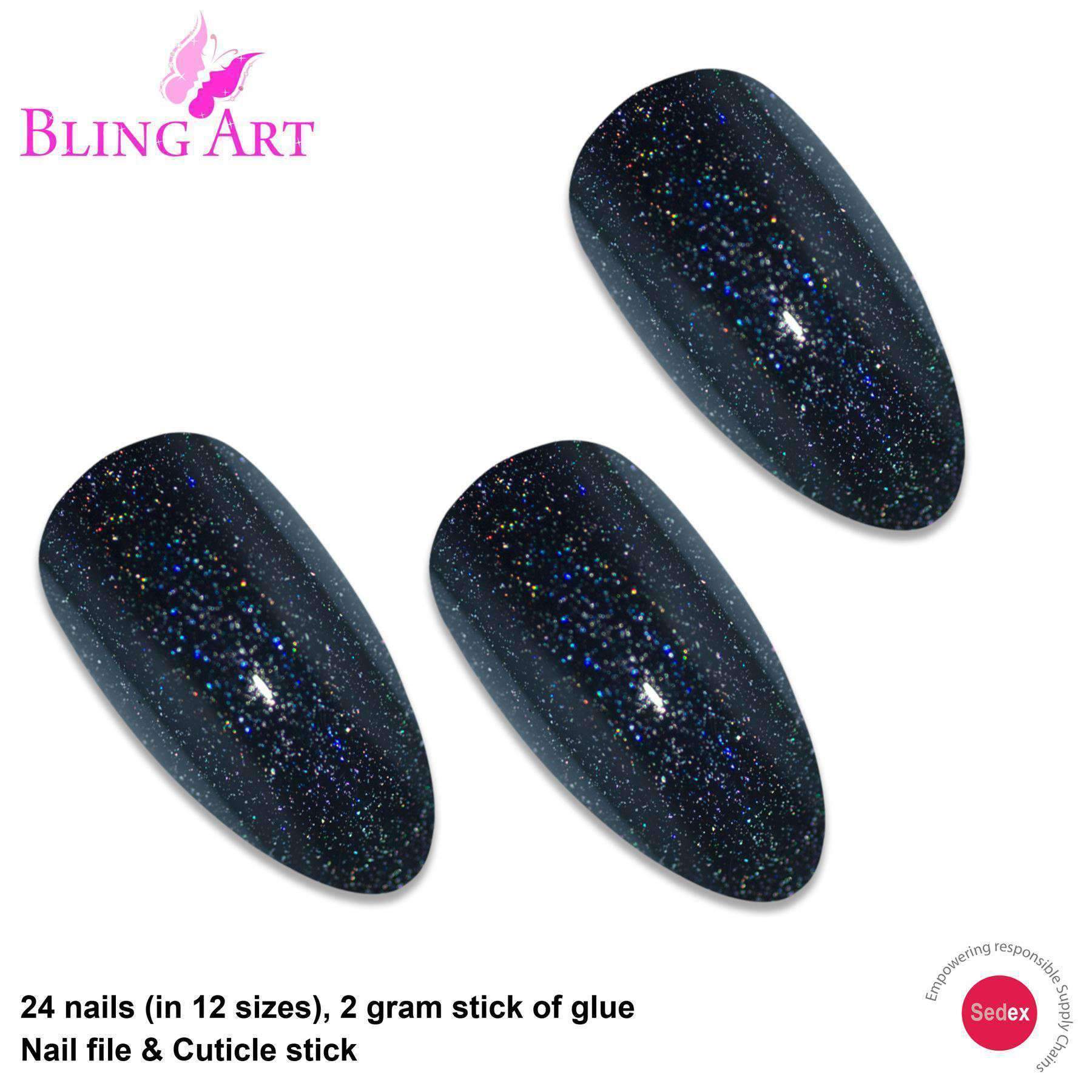 Bling Art Black Gel Almond Stiletto false nails displayed with glue, nail file, and cuticle stick, showcasing their glossy finish and elegant shape.