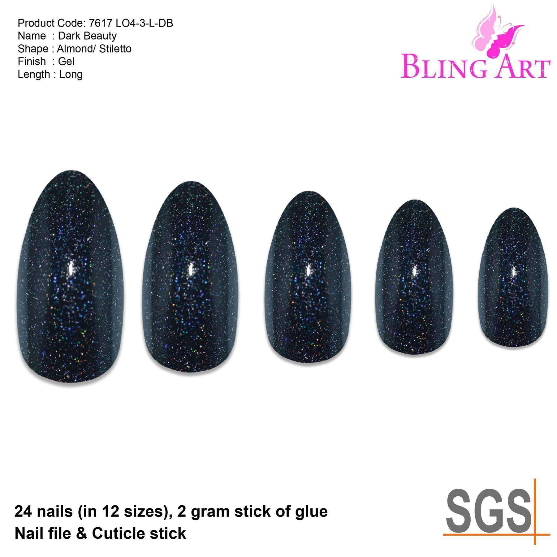 Bling Art Black Gel Almond Stiletto false nails displayed with glue, nail file, and cuticle stick, showcasing their glossy finish and elegant shape.