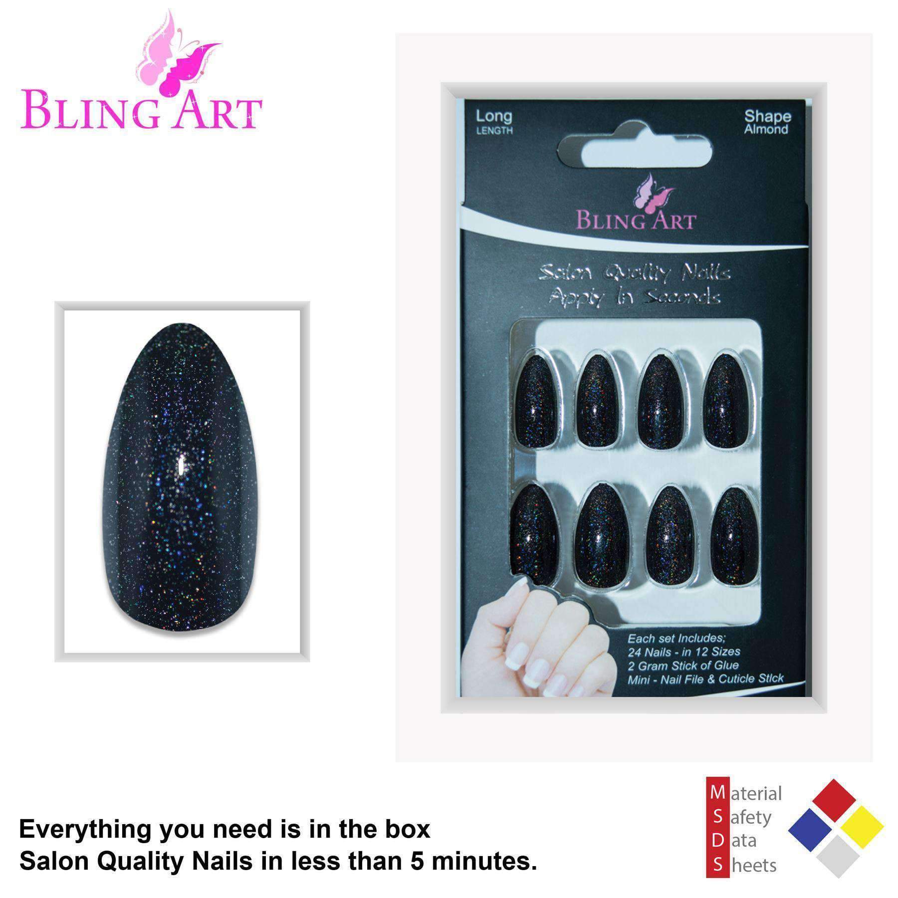 Bling Art Black Gel Almond Stiletto false nails displayed with glue, nail file, and cuticle stick, showcasing their glossy finish and elegant shape.