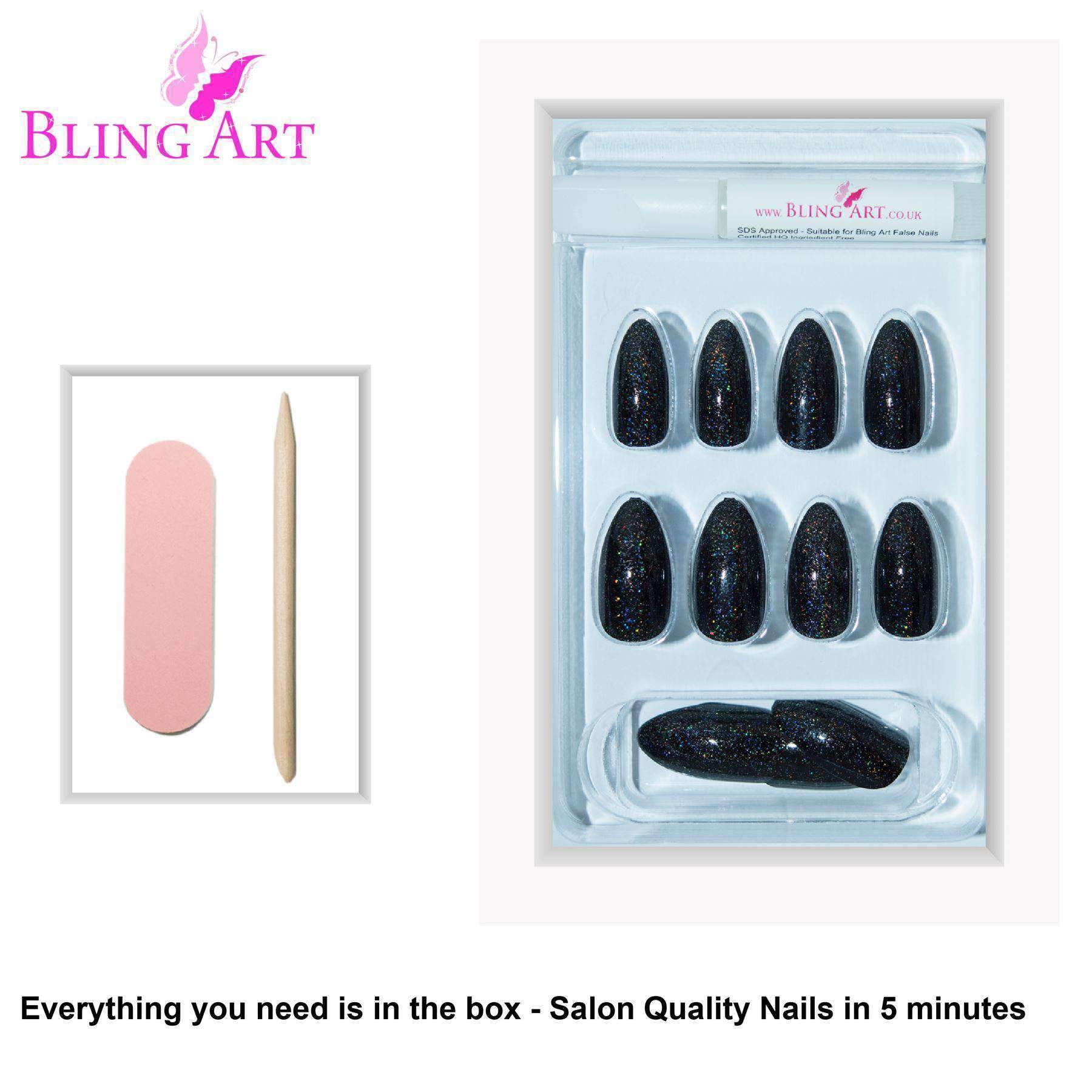 Bling Art Black Gel Almond Stiletto false nails displayed with glue, nail file, and cuticle stick, showcasing their glossy finish and elegant shape.