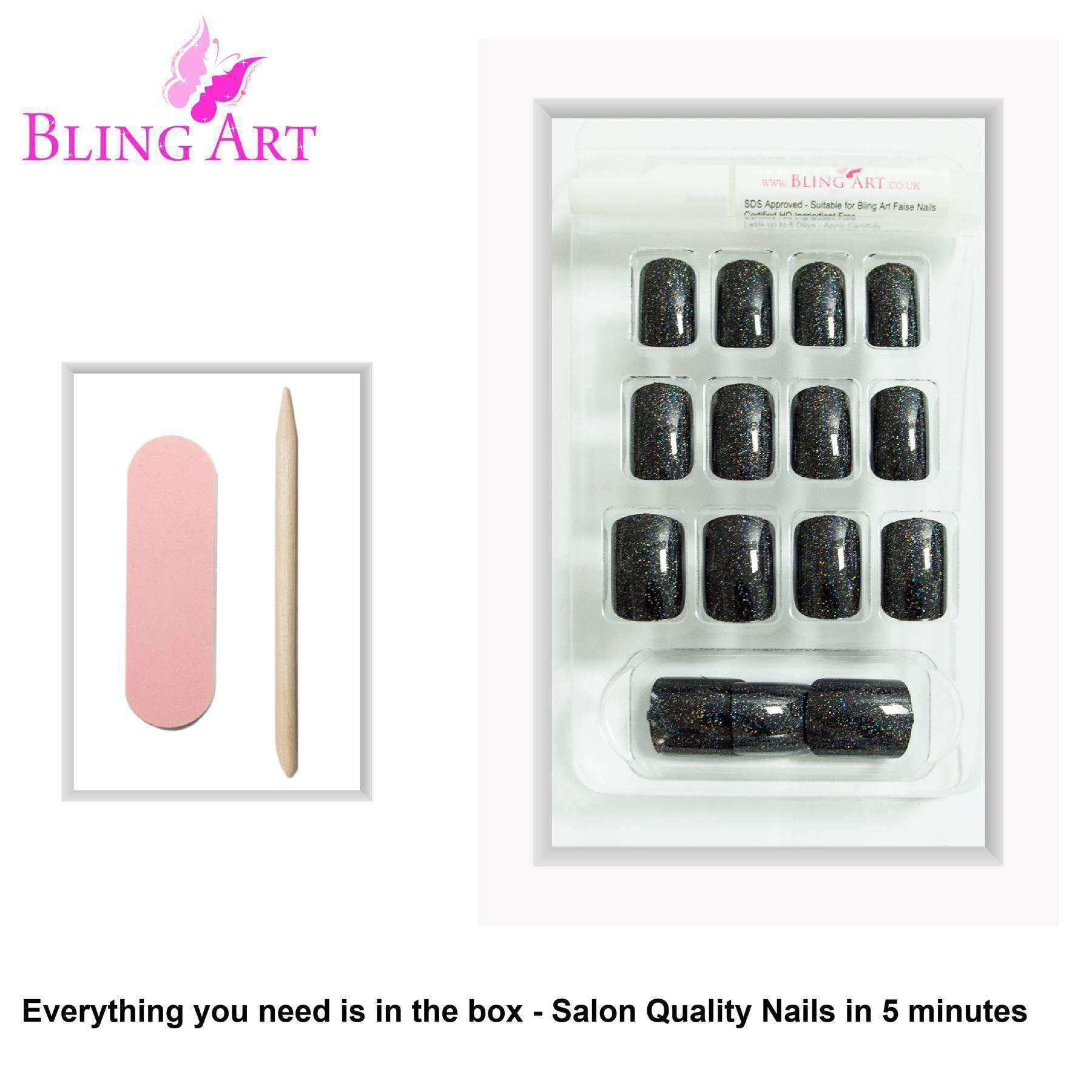 Bling Art Black Gel French Squoval false nails displayed in a stylish arrangement, showcasing their glossy finish and medium length, accompanied by glue, nail file, and cuticle stick.