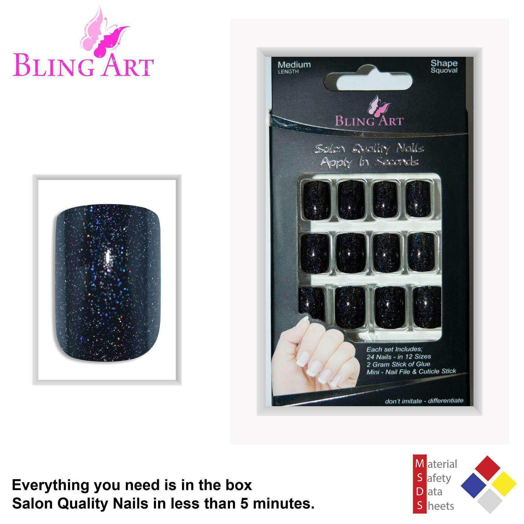 Bling Art Black Gel French Squoval false nails displayed in a stylish arrangement, showcasing their glossy finish and medium length, accompanied by glue, nail file, and cuticle stick.