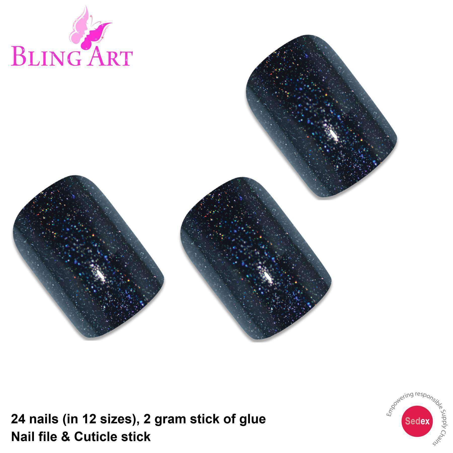 Bling Art Black Gel French Squoval false nails displayed in a stylish arrangement, showcasing their glossy finish and medium length, accompanied by glue, nail file, and cuticle stick.