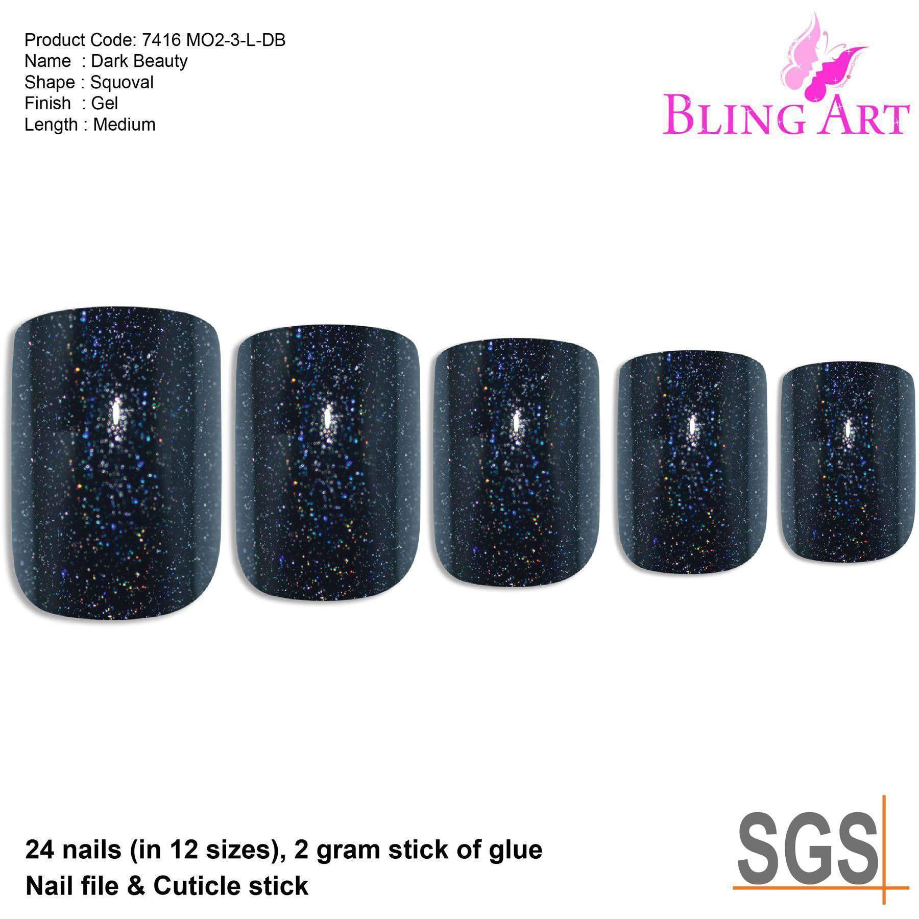 Bling Art Black Gel French Squoval false nails displayed in a stylish arrangement, showcasing their glossy finish and medium length, accompanied by glue, nail file, and cuticle stick.