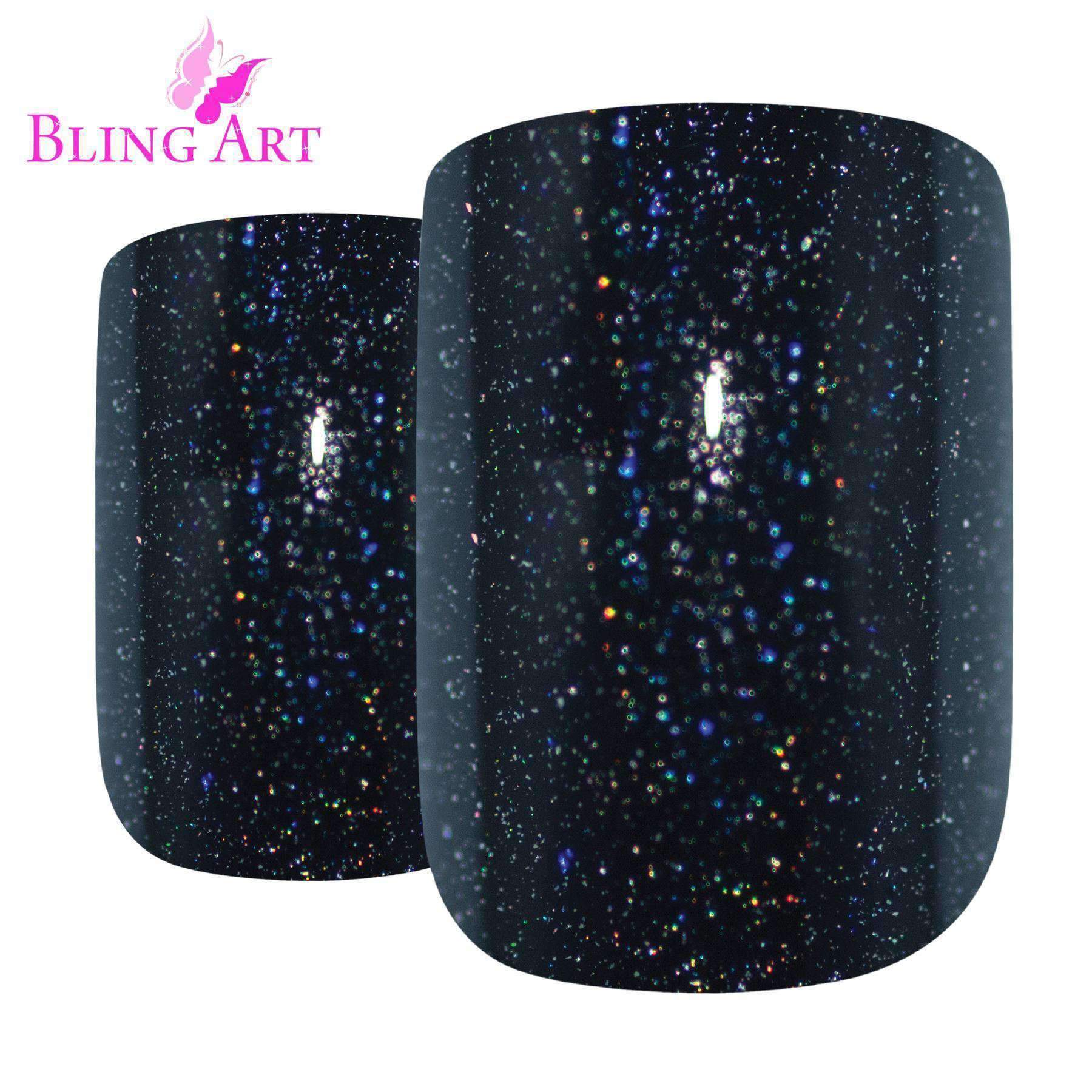 Bling Art Black Gel French Squoval false nails displayed in a stylish arrangement, showcasing their glossy finish and medium length, accompanied by glue, nail file, and cuticle stick.