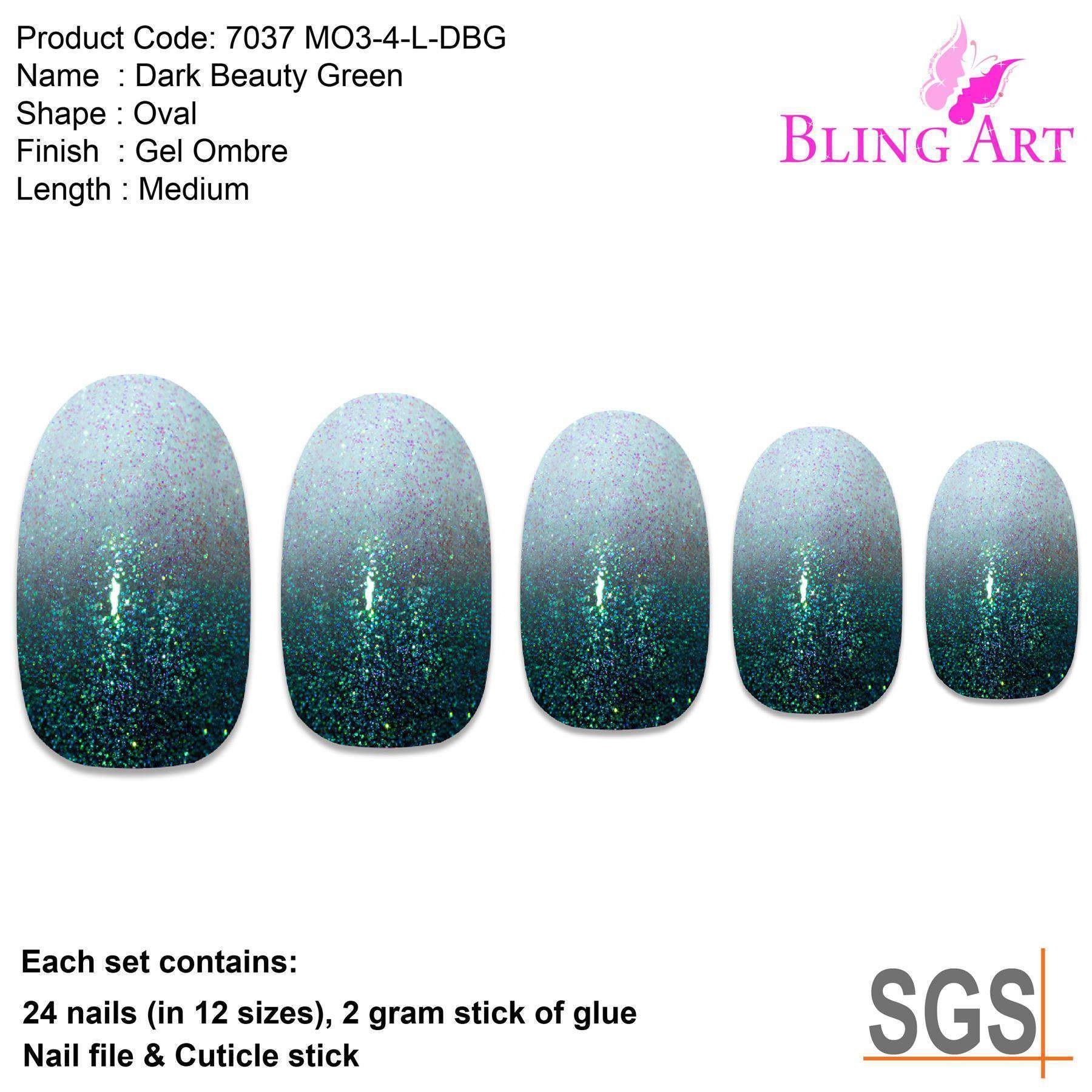 Bling Art Black Gel Ombre Oval Medium Fake Acrylic Nails set with 24 nail tips, glue, nail file, and cuticle stick, showcasing a chic black ombre design.