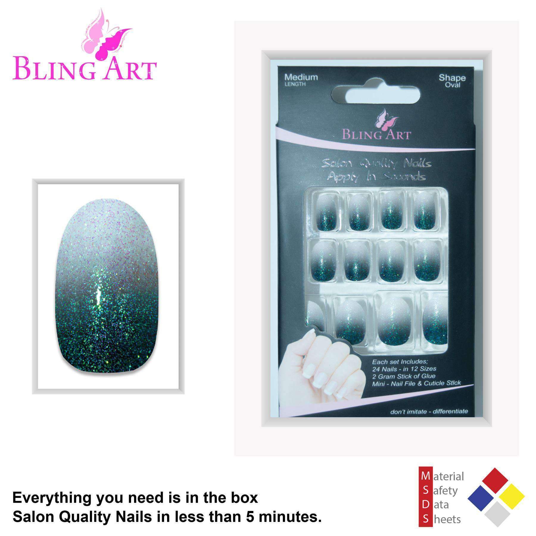 Bling Art Black Gel Ombre Oval Medium Fake Acrylic Nails set with 24 nail tips, glue, nail file, and cuticle stick, showcasing a chic black ombre design.