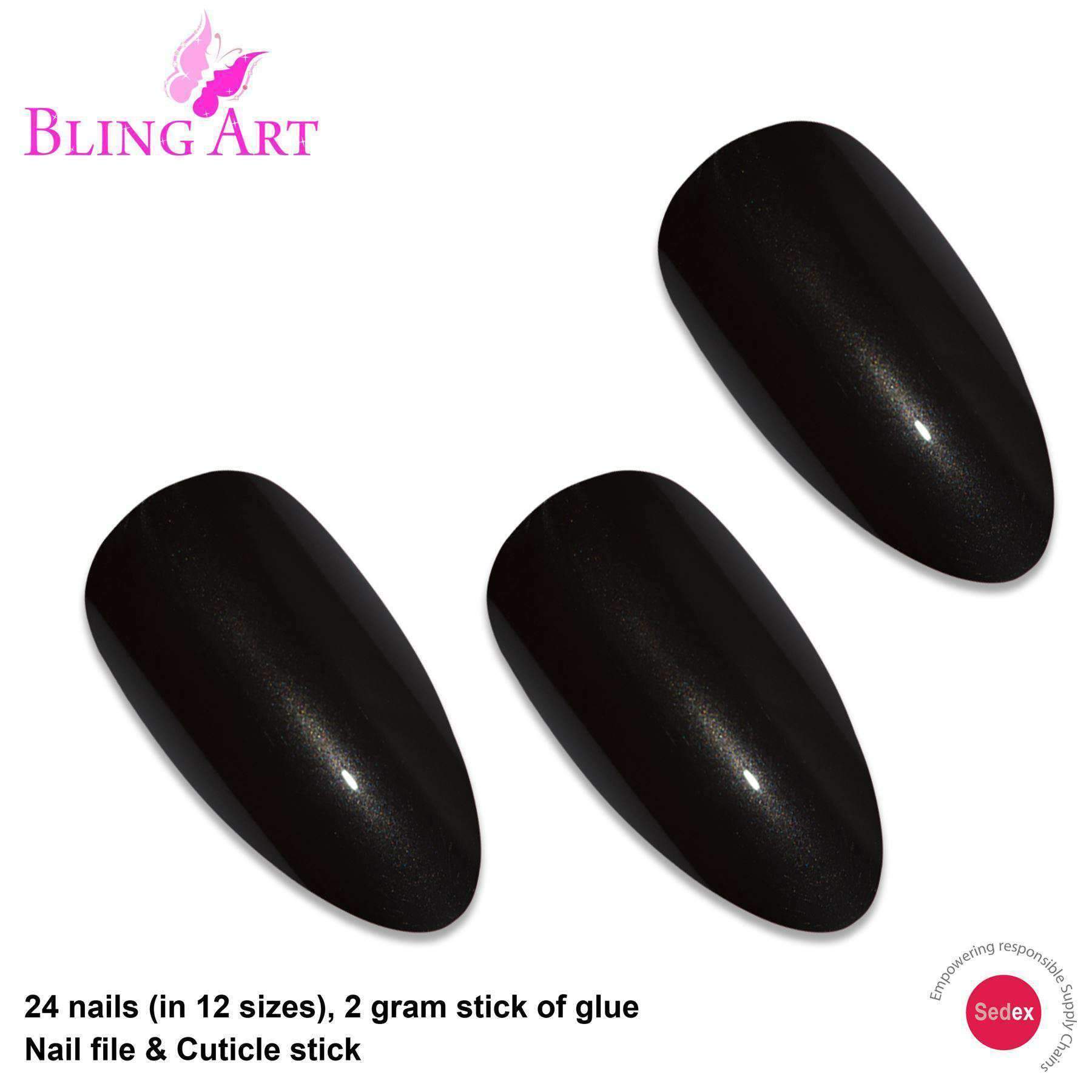 Bling Art Black Glitter Almond Stiletto Fake Nails set with 24 acrylic tips, glue, nail file, and cuticle stick, showcasing a sparkling black finish.