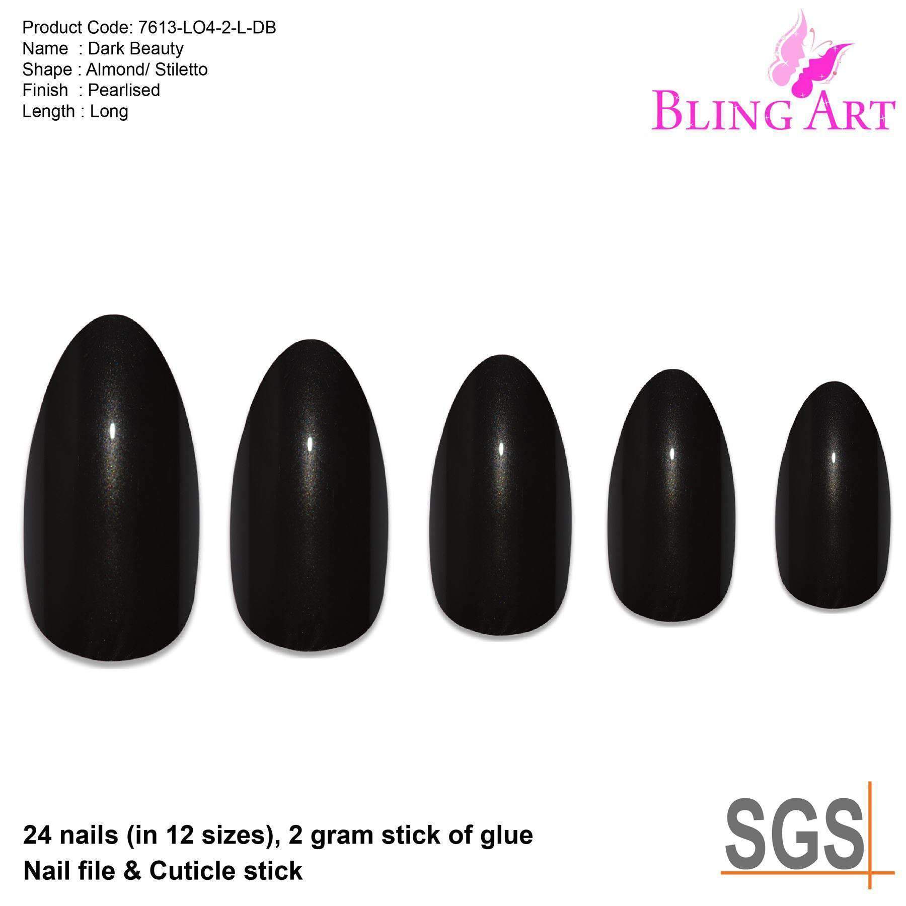 Bling Art Black Glitter Almond Stiletto Fake Nails set with 24 acrylic tips, glue, nail file, and cuticle stick, showcasing a sparkling black finish.