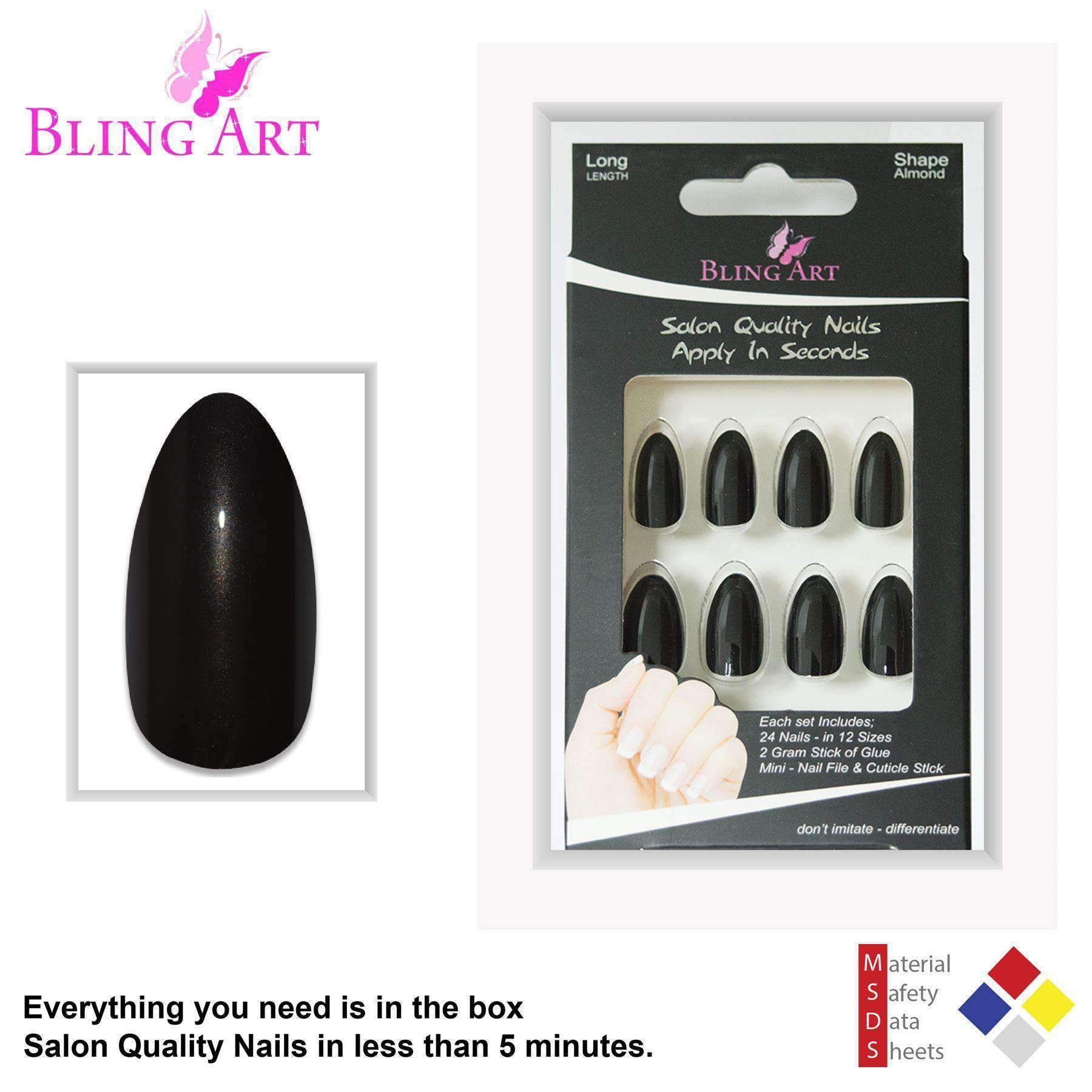 Bling Art Black Glitter Almond Stiletto Fake Nails set with 24 acrylic tips, glue, nail file, and cuticle stick, showcasing a sparkling black finish.