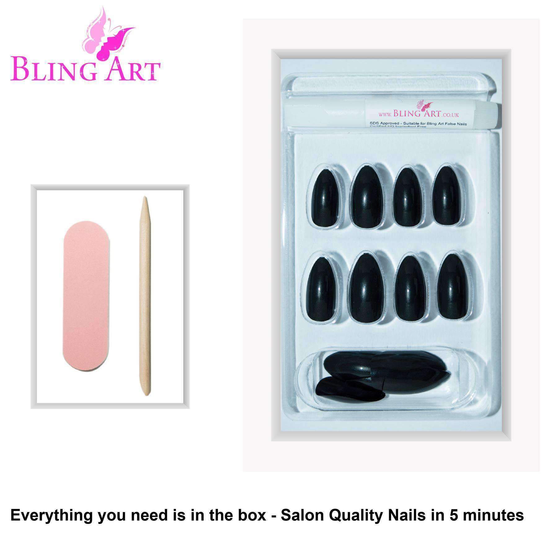 Bling Art Black Glitter Almond Stiletto Fake Nails set with 24 acrylic tips, glue, nail file, and cuticle stick, showcasing a sparkling black finish.