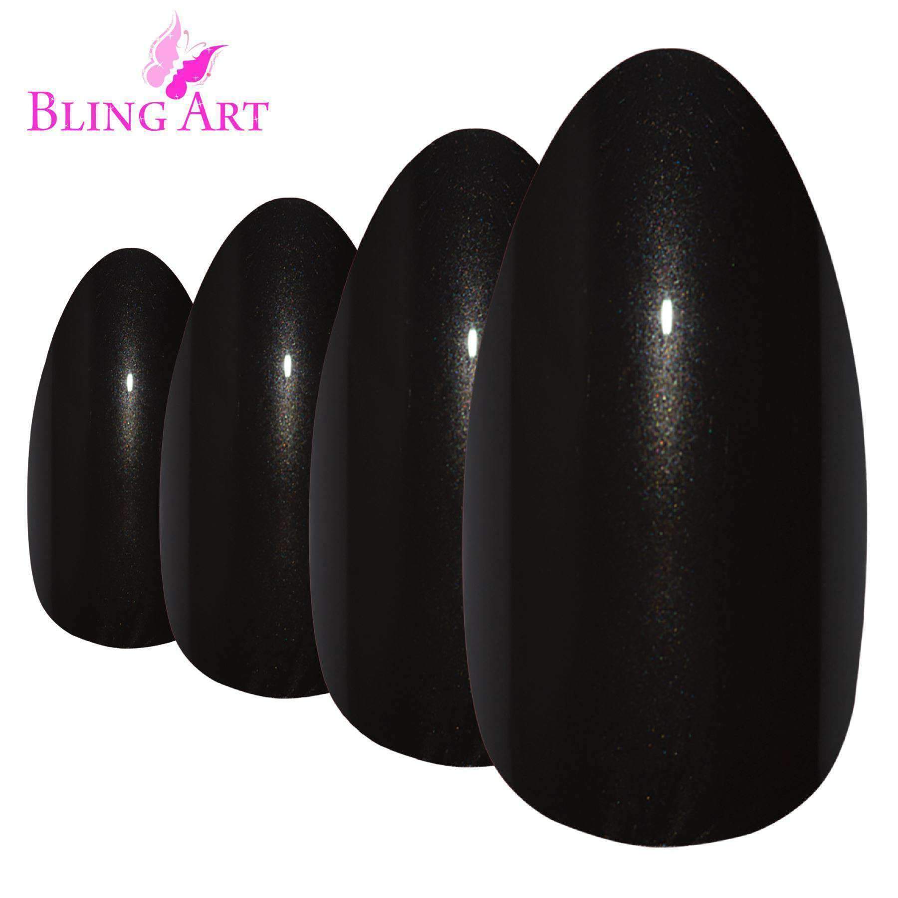 Bling Art Black Glitter Almond Stiletto Fake Nails set with 24 acrylic tips, glue, nail file, and cuticle stick, showcasing a sparkling black finish.