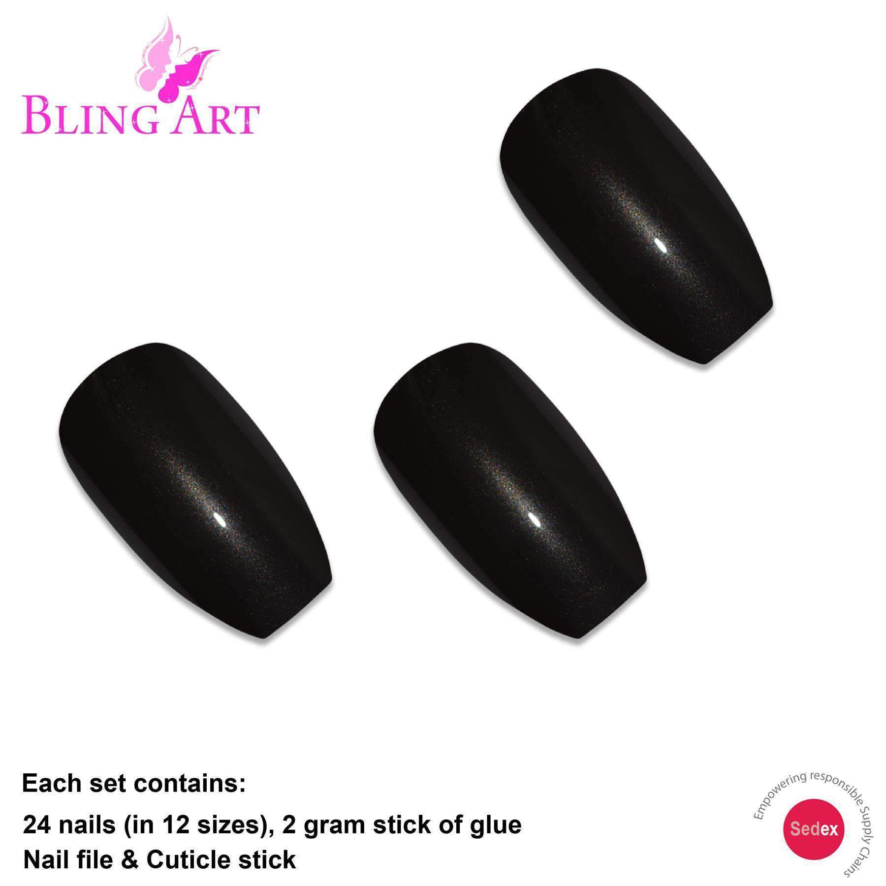 Bling Art Black Glitter Ballerina Coffin Fake Nails set with 24 acrylic tips, glue, nail file, and cuticle stick, showcasing a glamorous black glitter finish.