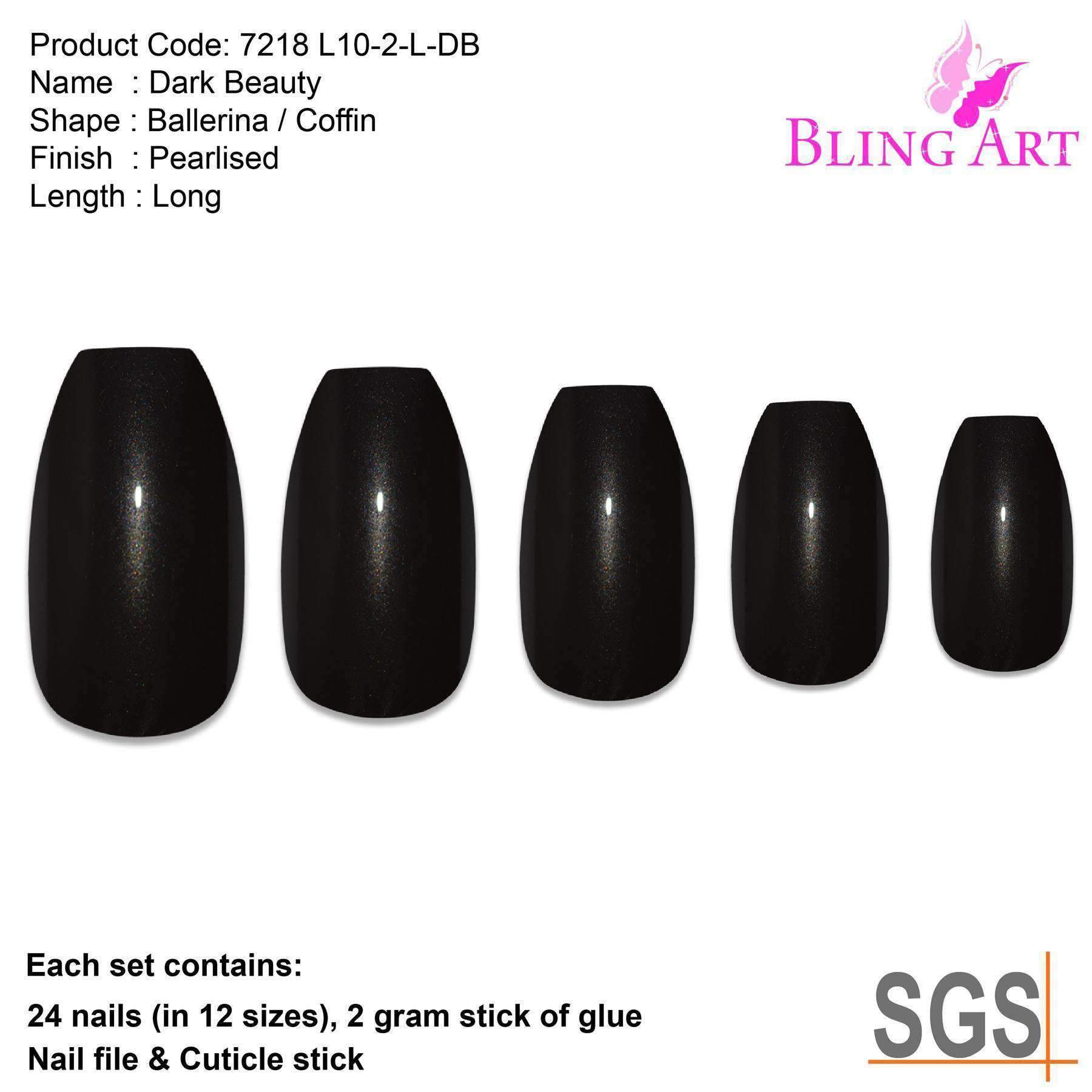 Bling Art Black Glitter Ballerina Coffin Fake Nails set with 24 acrylic tips, glue, nail file, and cuticle stick, showcasing a glamorous black glitter finish.