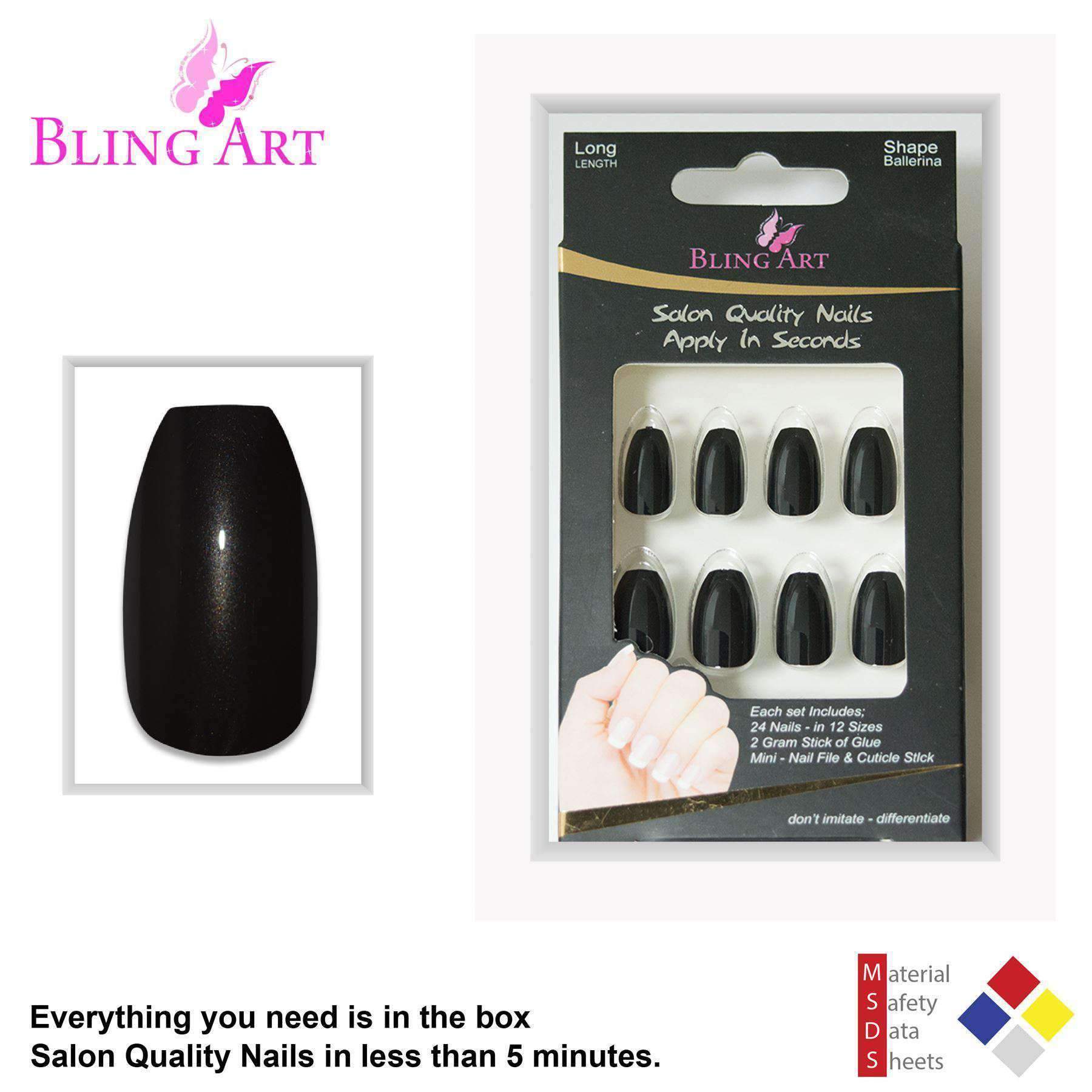 Bling Art Black Glitter Ballerina Coffin Fake Nails set with 24 acrylic tips, glue, nail file, and cuticle stick, showcasing a glamorous black glitter finish.