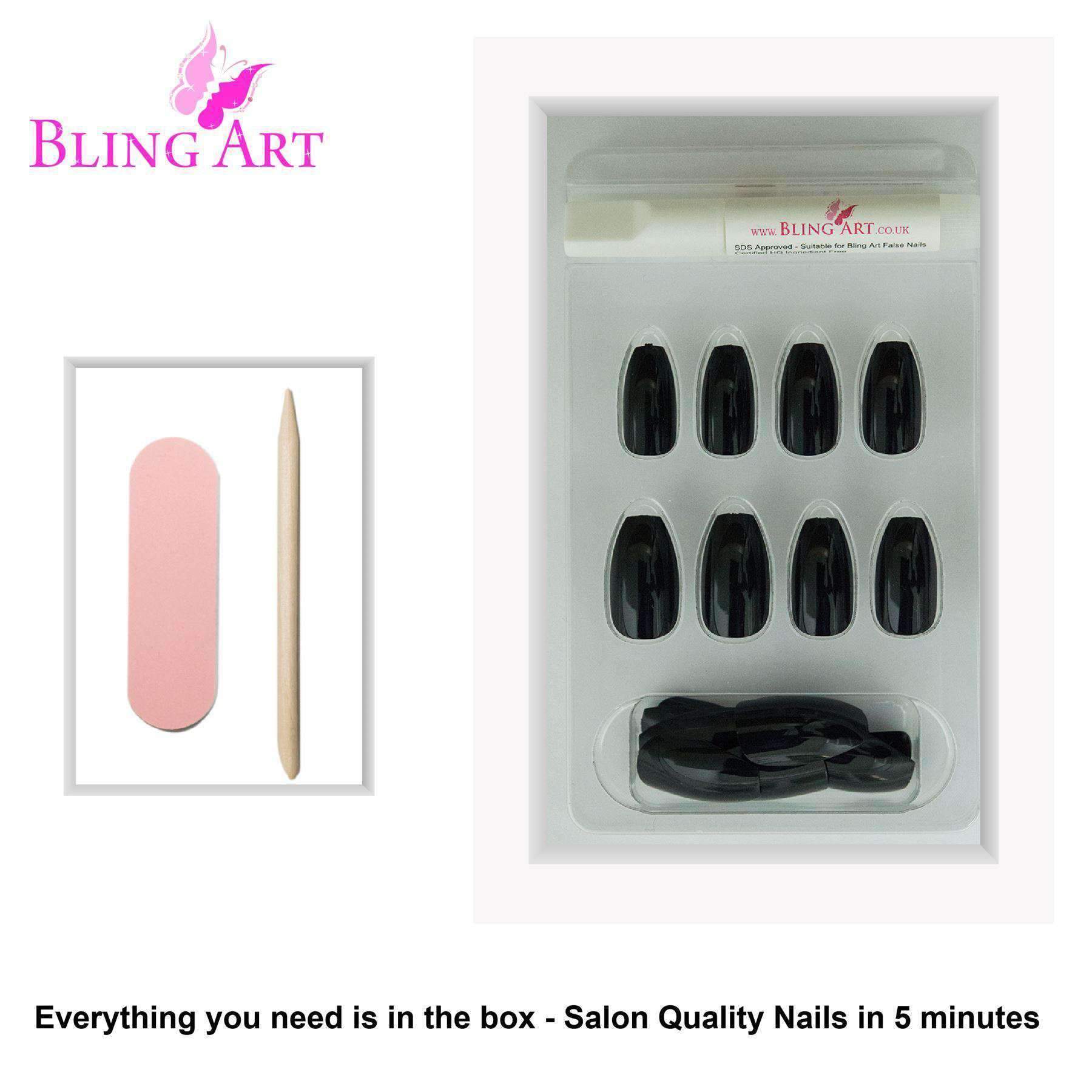 Bling Art Black Glitter Ballerina Coffin Fake Nails set with 24 acrylic tips, glue, nail file, and cuticle stick, showcasing a glamorous black glitter finish.