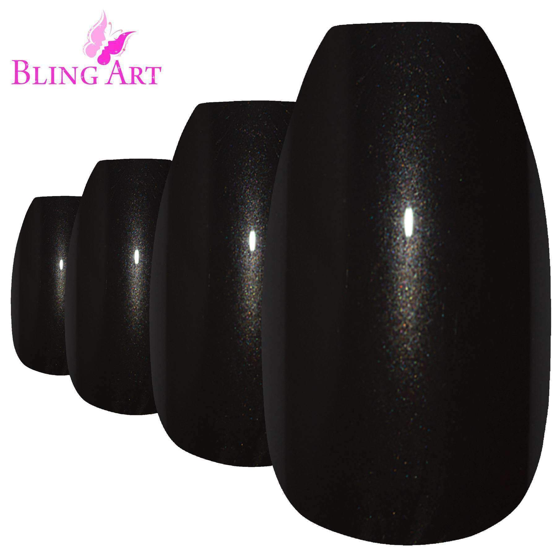 Bling Art Black Glitter Ballerina Coffin Fake Nails set with 24 acrylic tips, glue, nail file, and cuticle stick, showcasing a glamorous black glitter finish.