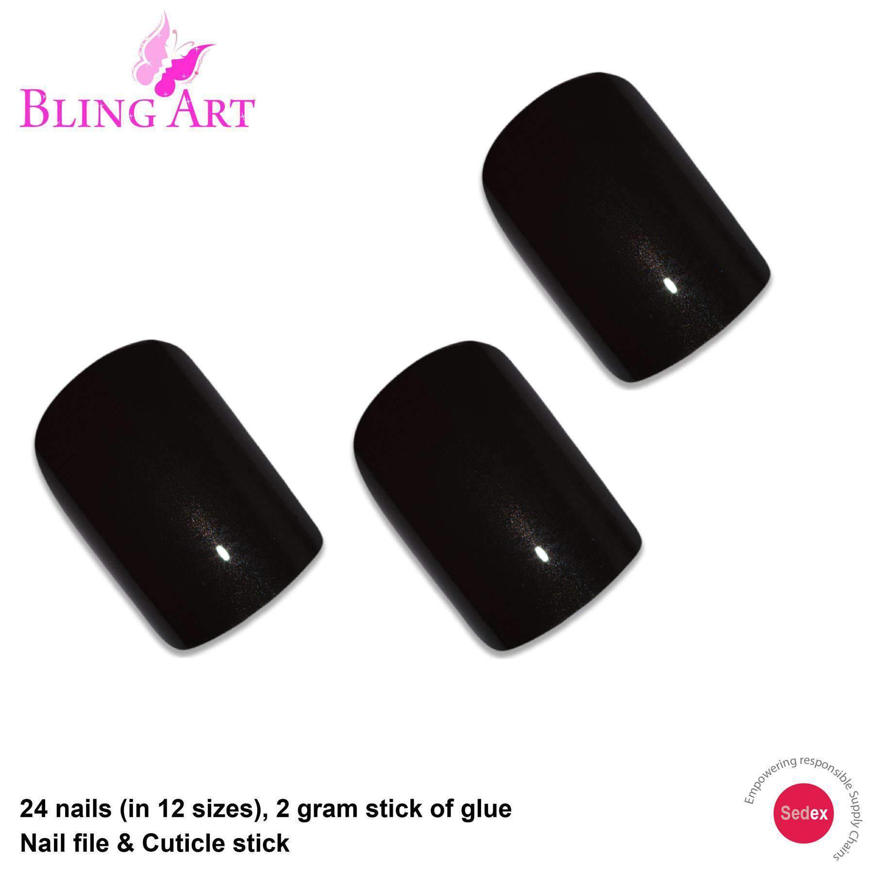 Bling Art Black Glitter French Squoval Fake Nails displayed with nail file, glue, and cuticle stick, showcasing their elegant design and pearlised finish.