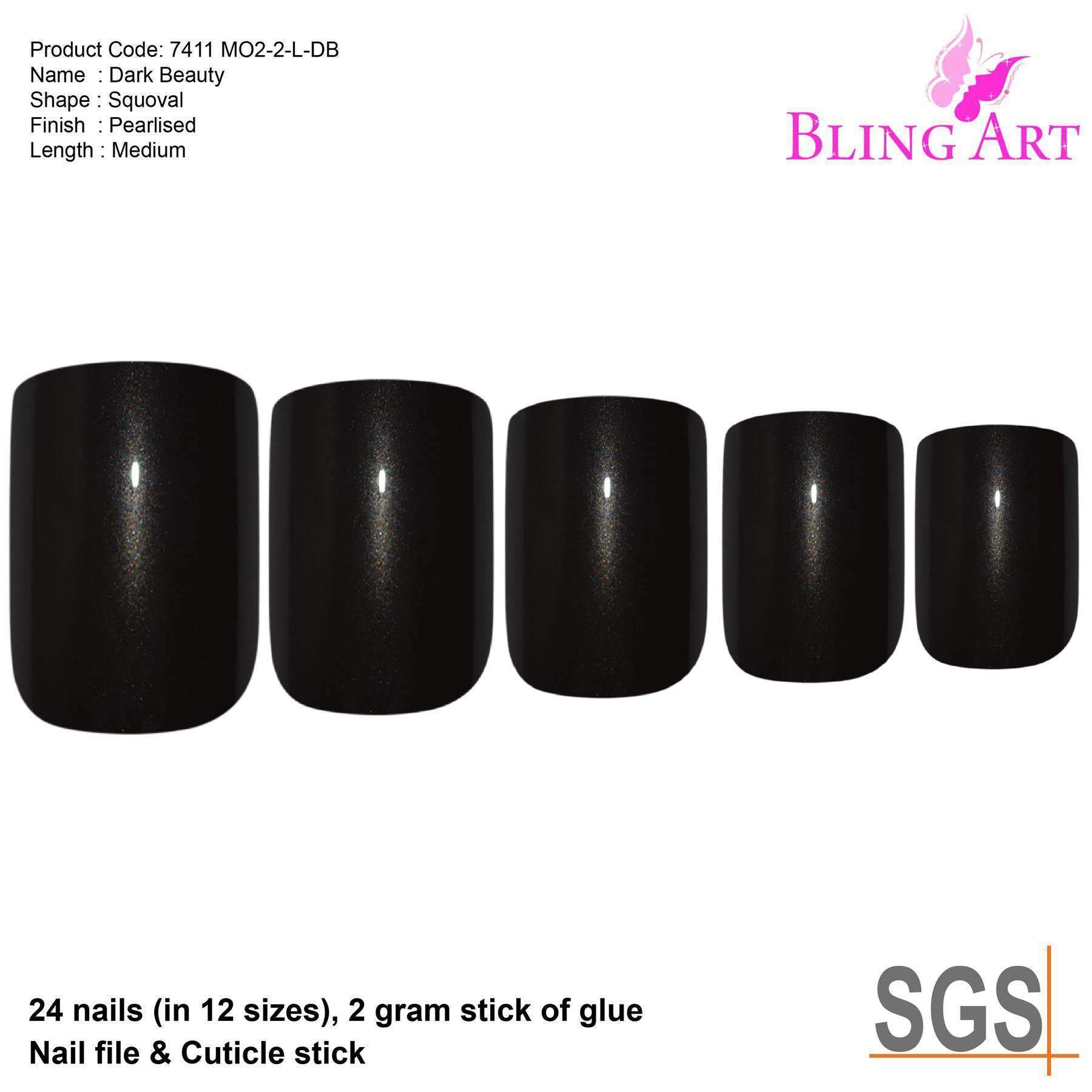 Bling Art Black Glitter French Squoval Fake Nails displayed with nail file, glue, and cuticle stick, showcasing their elegant design and pearlised finish.