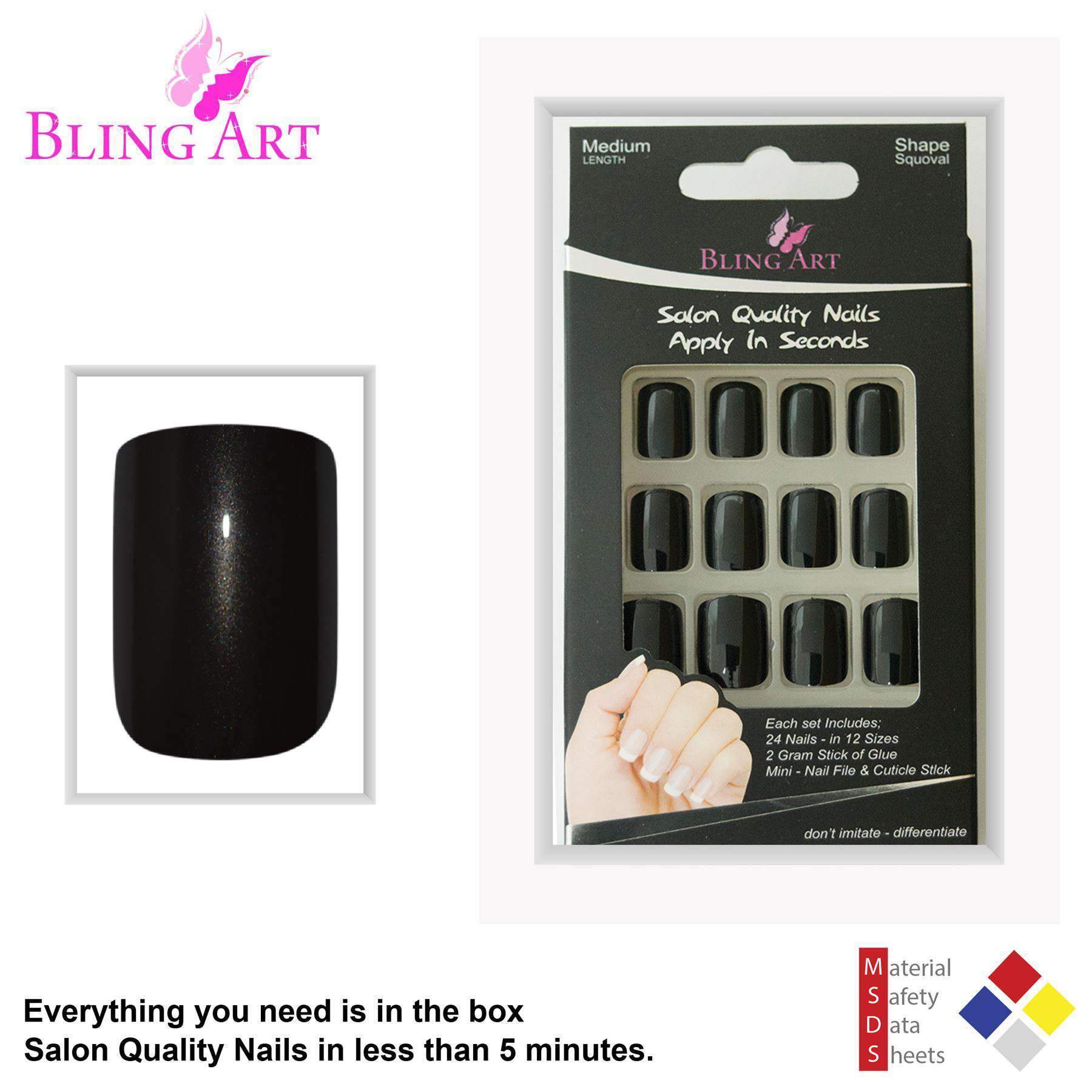 Bling Art Black Glitter French Squoval Fake Nails displayed with nail file, glue, and cuticle stick, showcasing their elegant design and pearlised finish.