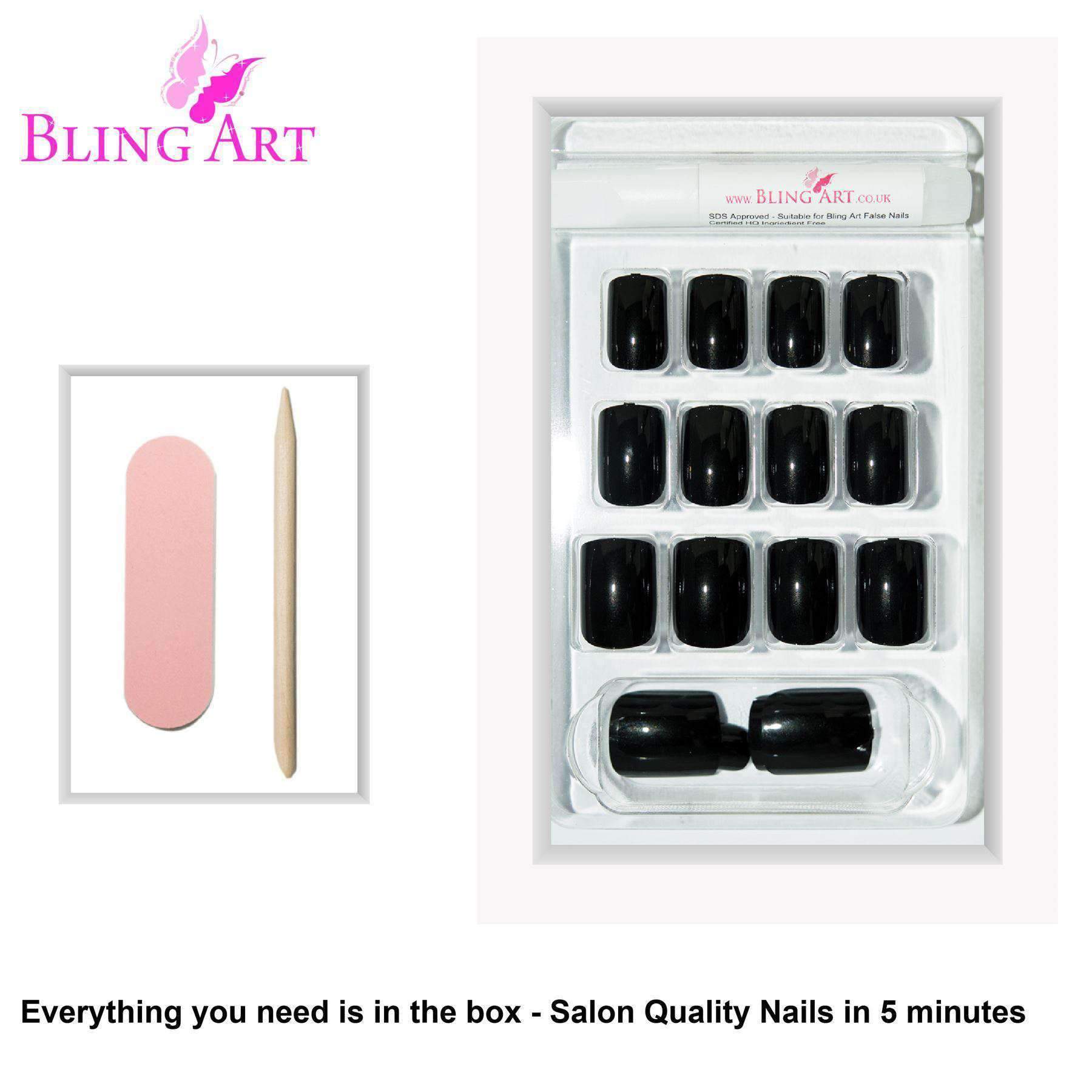 Bling Art Black Glitter French Squoval Fake Nails displayed with nail file, glue, and cuticle stick, showcasing their elegant design and pearlised finish.