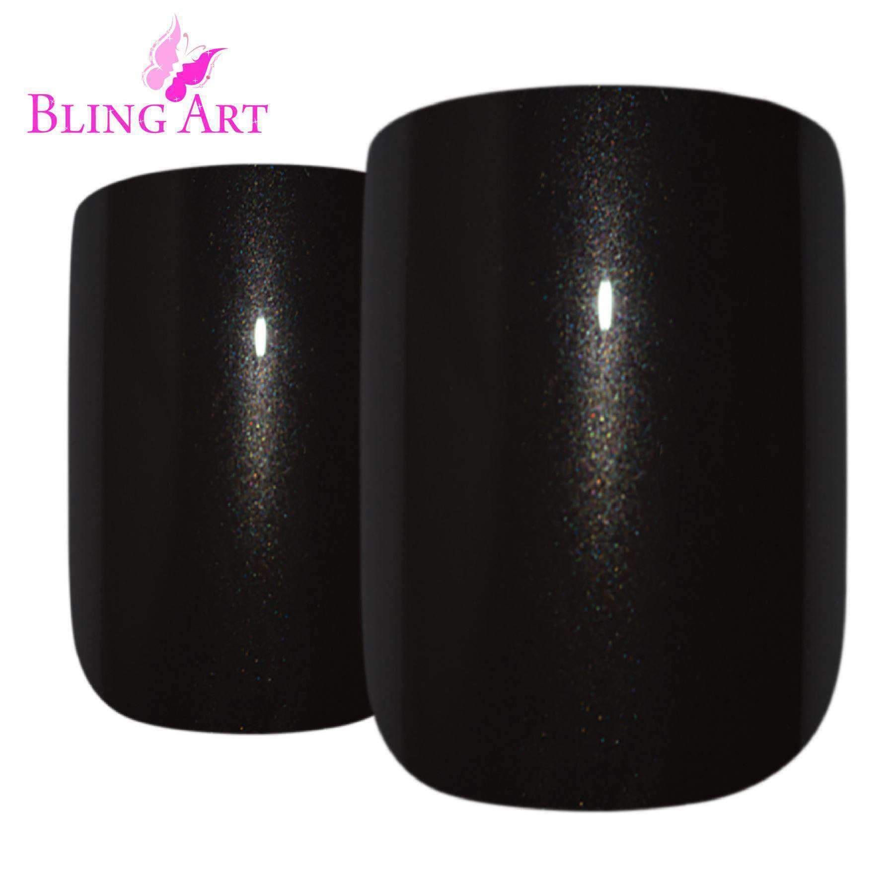 Bling Art Black Glitter French Squoval Fake Nails displayed with nail file, glue, and cuticle stick, showcasing their elegant design and pearlised finish.