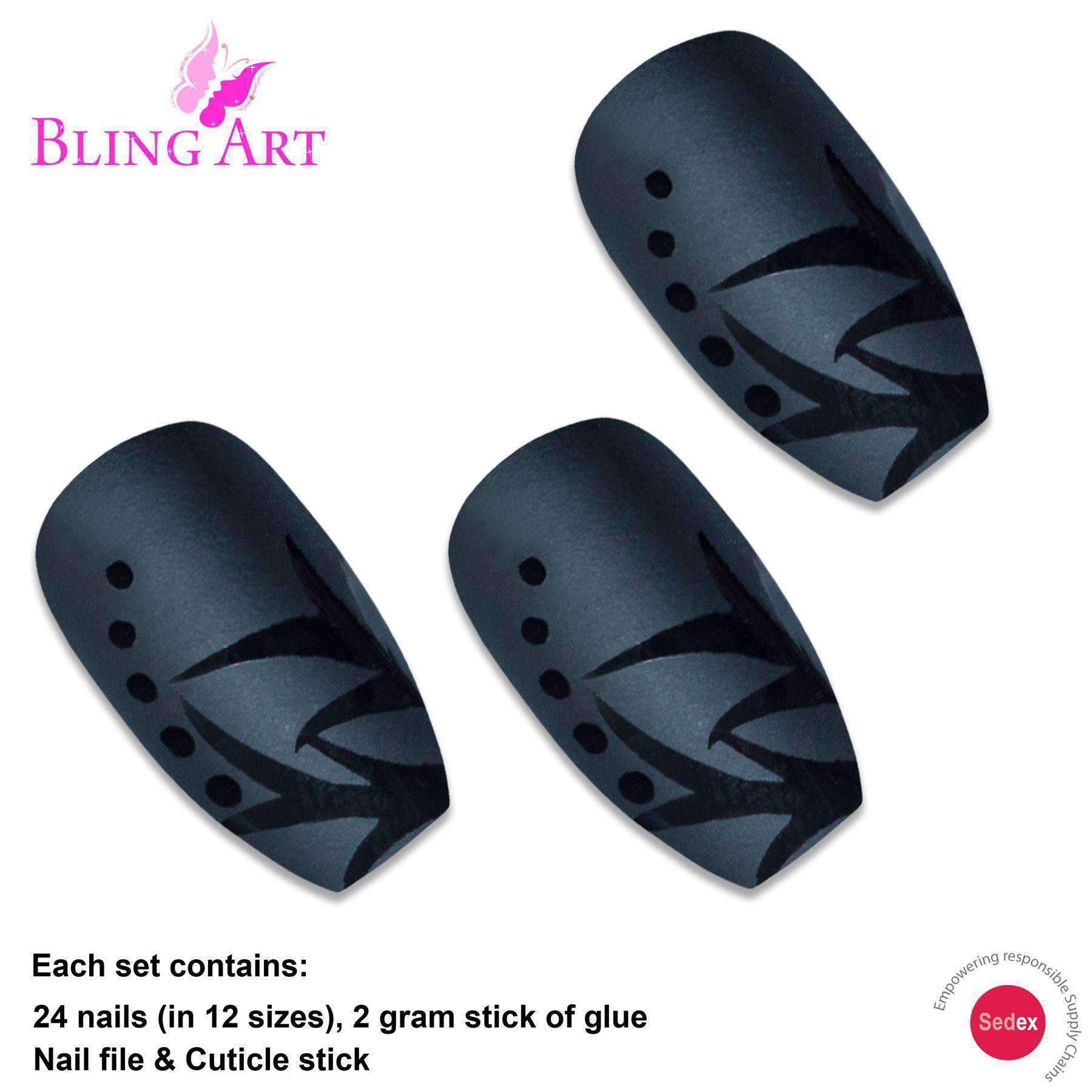 A set of Bling Art Black Leaf Matte Ballerina Coffin Acrylic nails, featuring a chic black leaf design, along with glue, a nail file, and a cuticle stick.