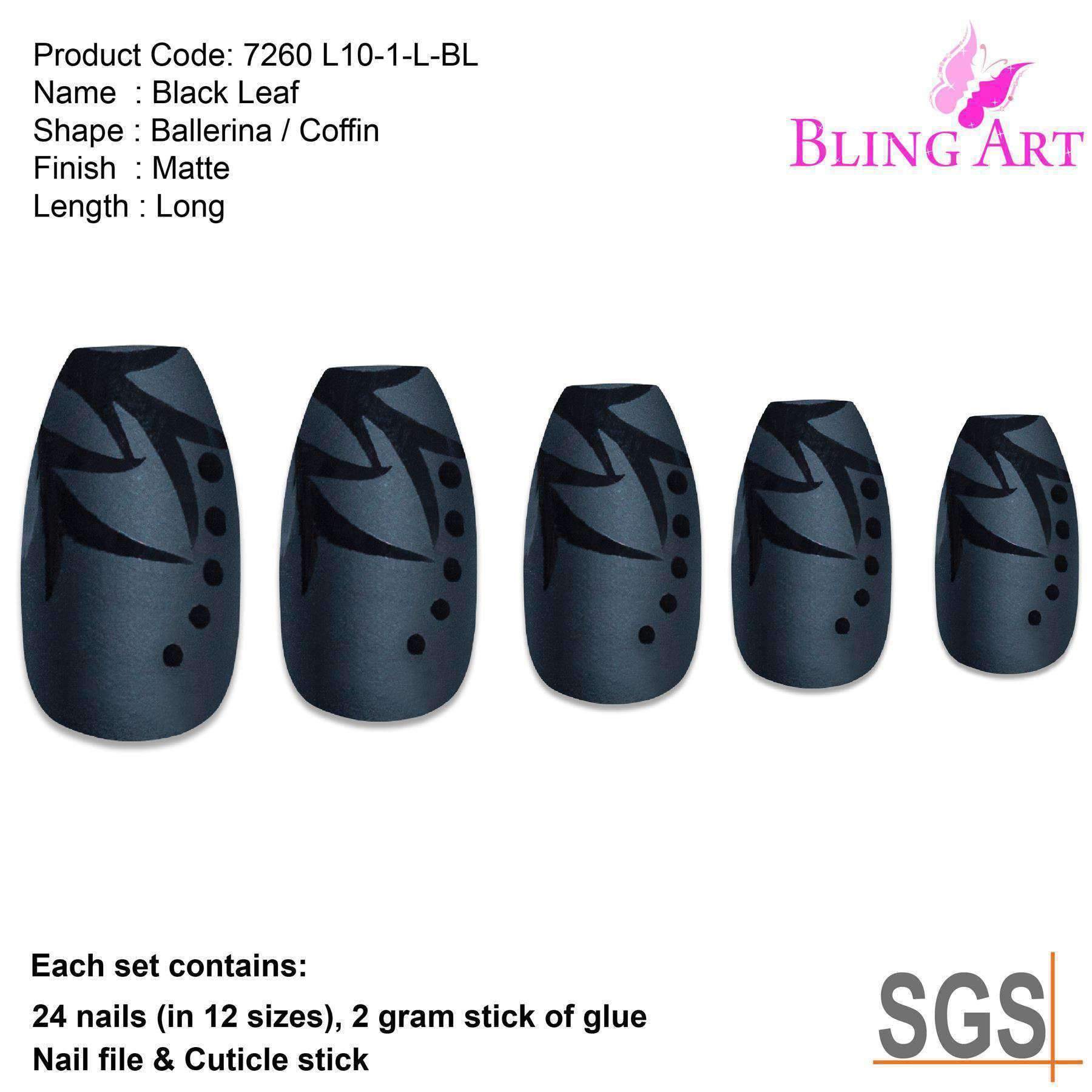 A set of Bling Art Black Leaf Matte Ballerina Coffin Acrylic nails, featuring a chic black leaf design, along with glue, a nail file, and a cuticle stick.